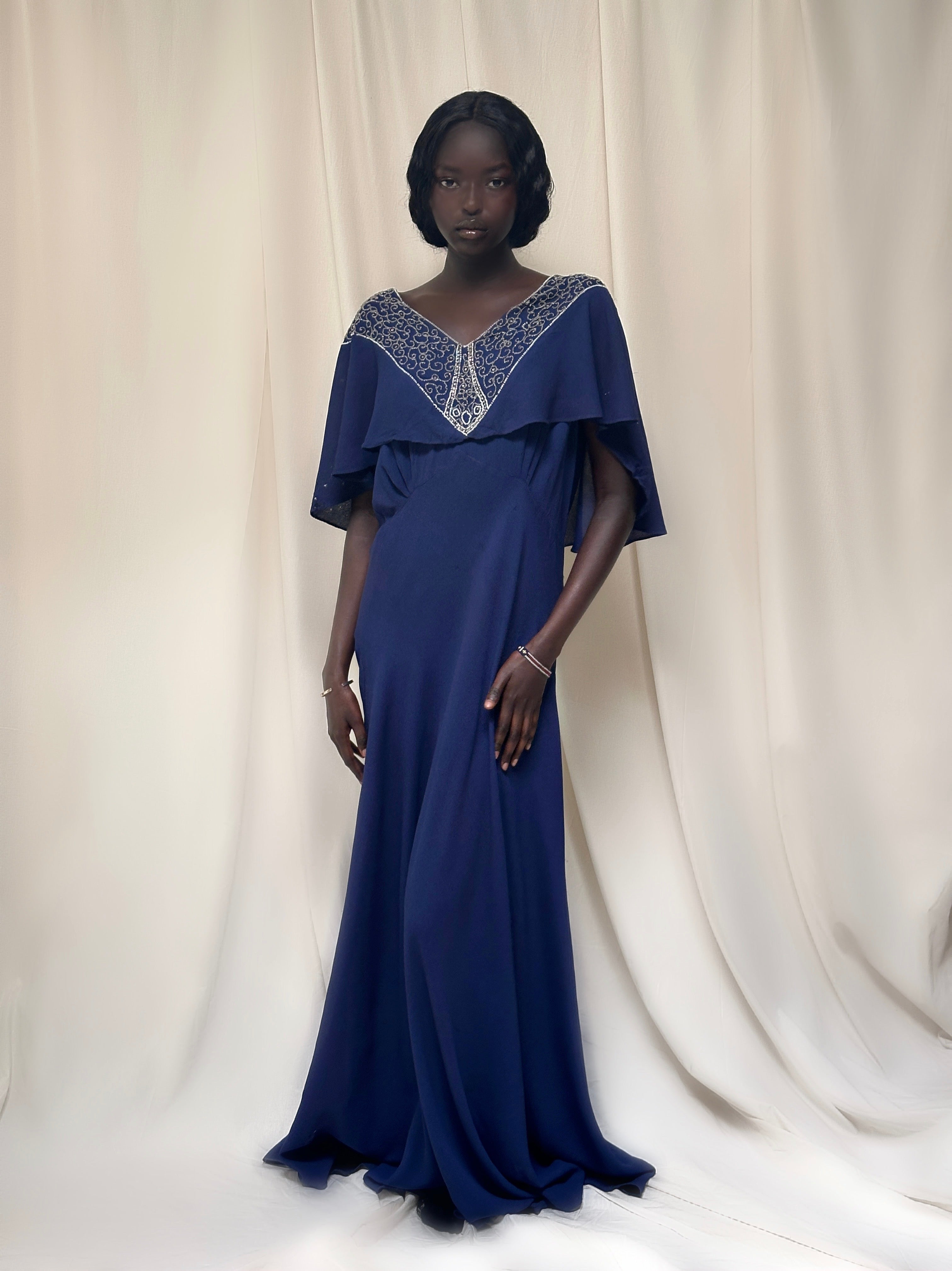 Vintage 1940s Beaded Navy Crepe Gown | Old Hollywood Evening Bias