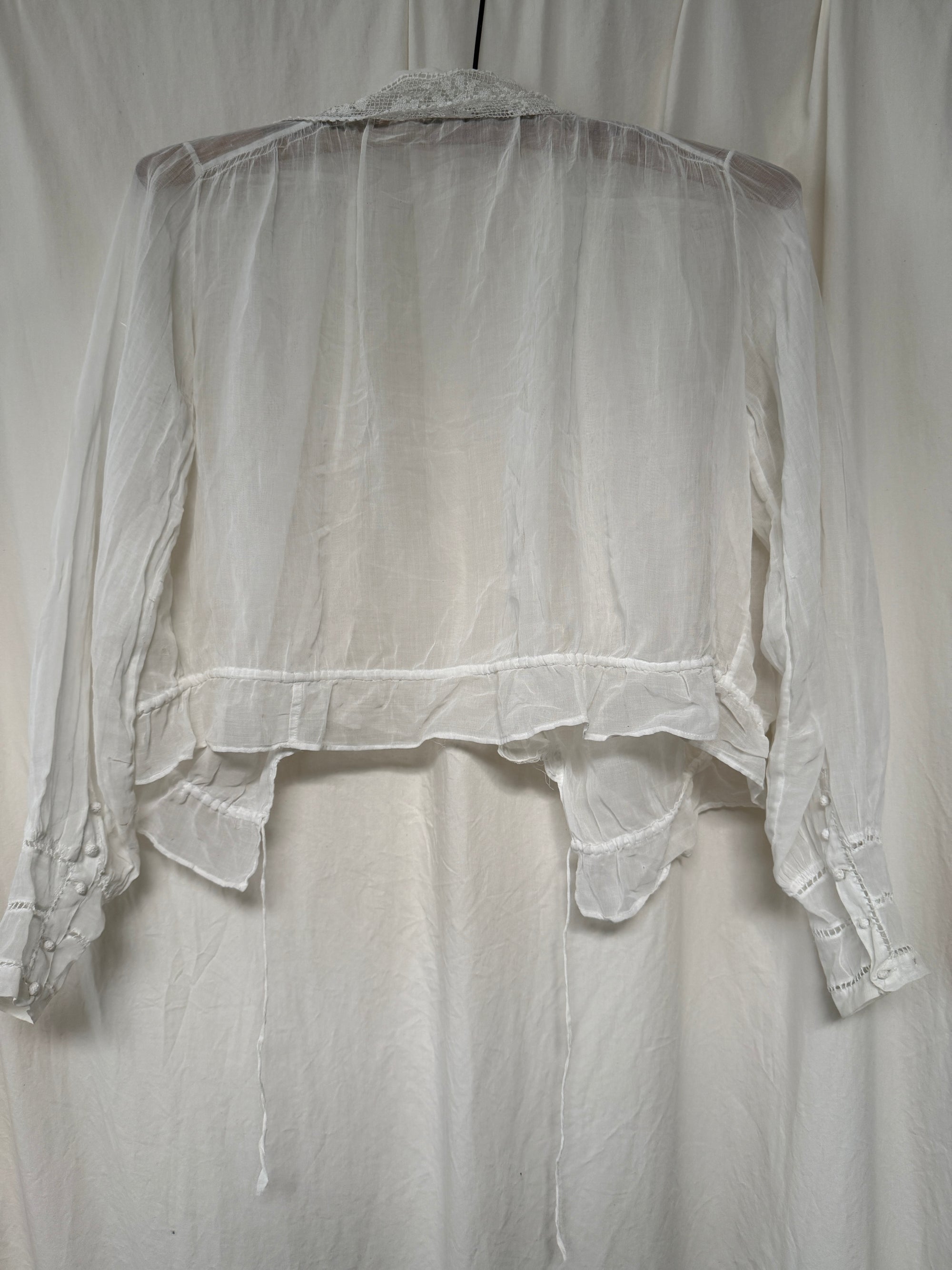 Antique Edwardian Romantic White Gauze Cotton Blouse | Vintage Sheer Top With Pom-Pom Tassels