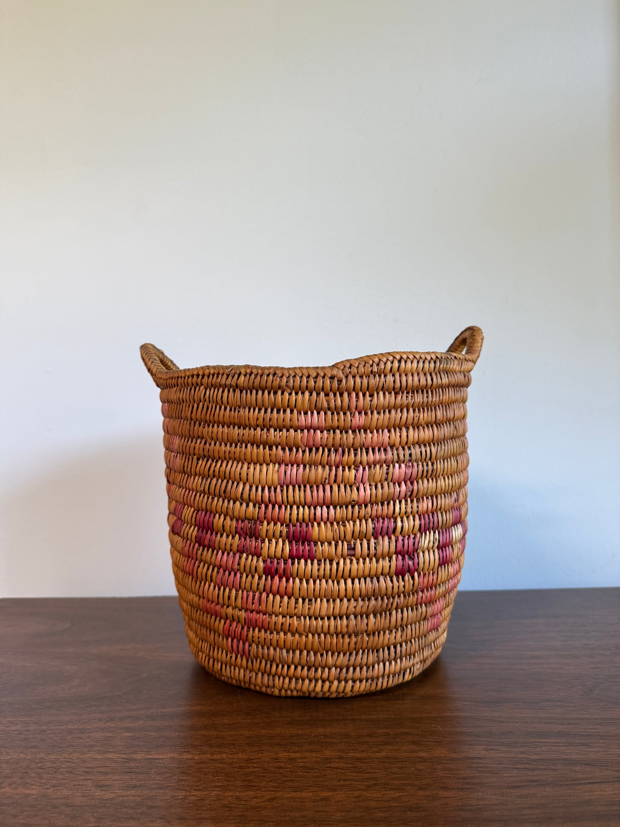 Vintage Jicarilla Apache Coil Handmade Basket With Handles | Native American Pattern Basket