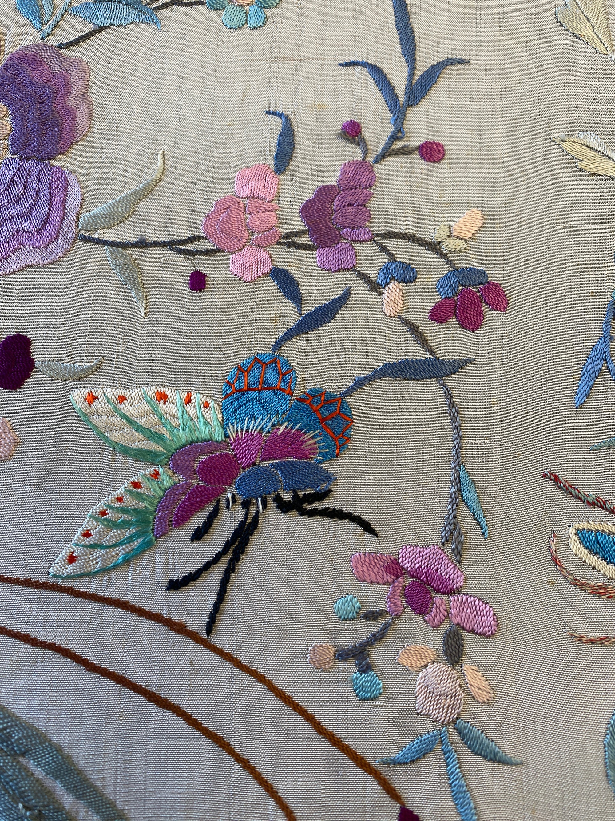 Vintage 1930s Manton de Manila Embroidered Silk Piano Shawl | Floral Bird Butterfly Motif With Long Fringe