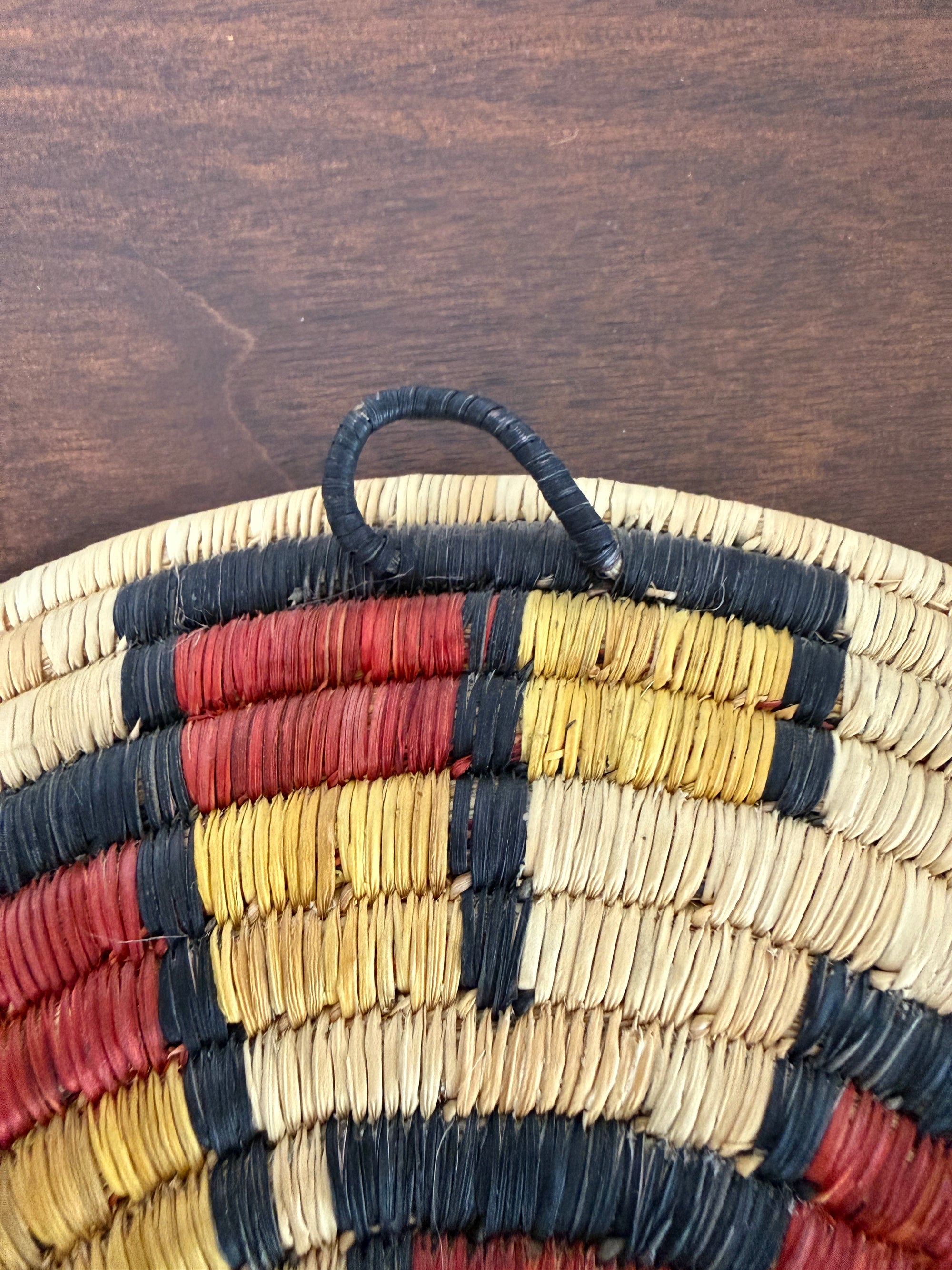 Vintage Hopi Coiled Flat Basket | Handwoven Native American Wall Art | Geometric Polychrome Woven Basket Tray