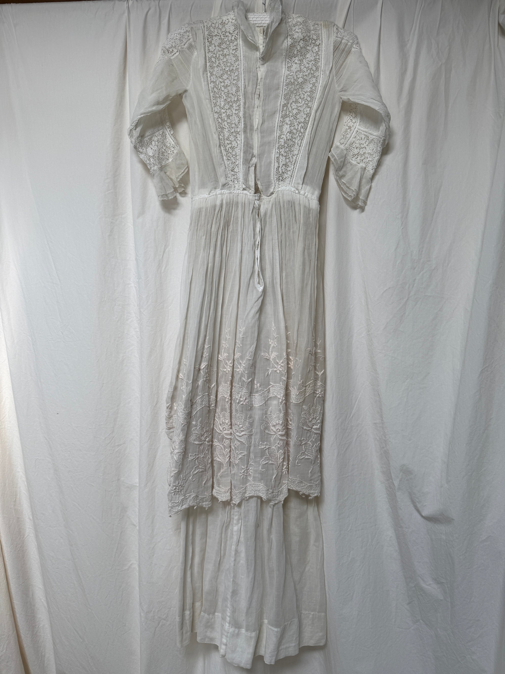 Antique 1900s Edwardian White Lace &amp; Embroidered Cotton Lawn Dress  | Handcrafted Heirloom Bridal Gown