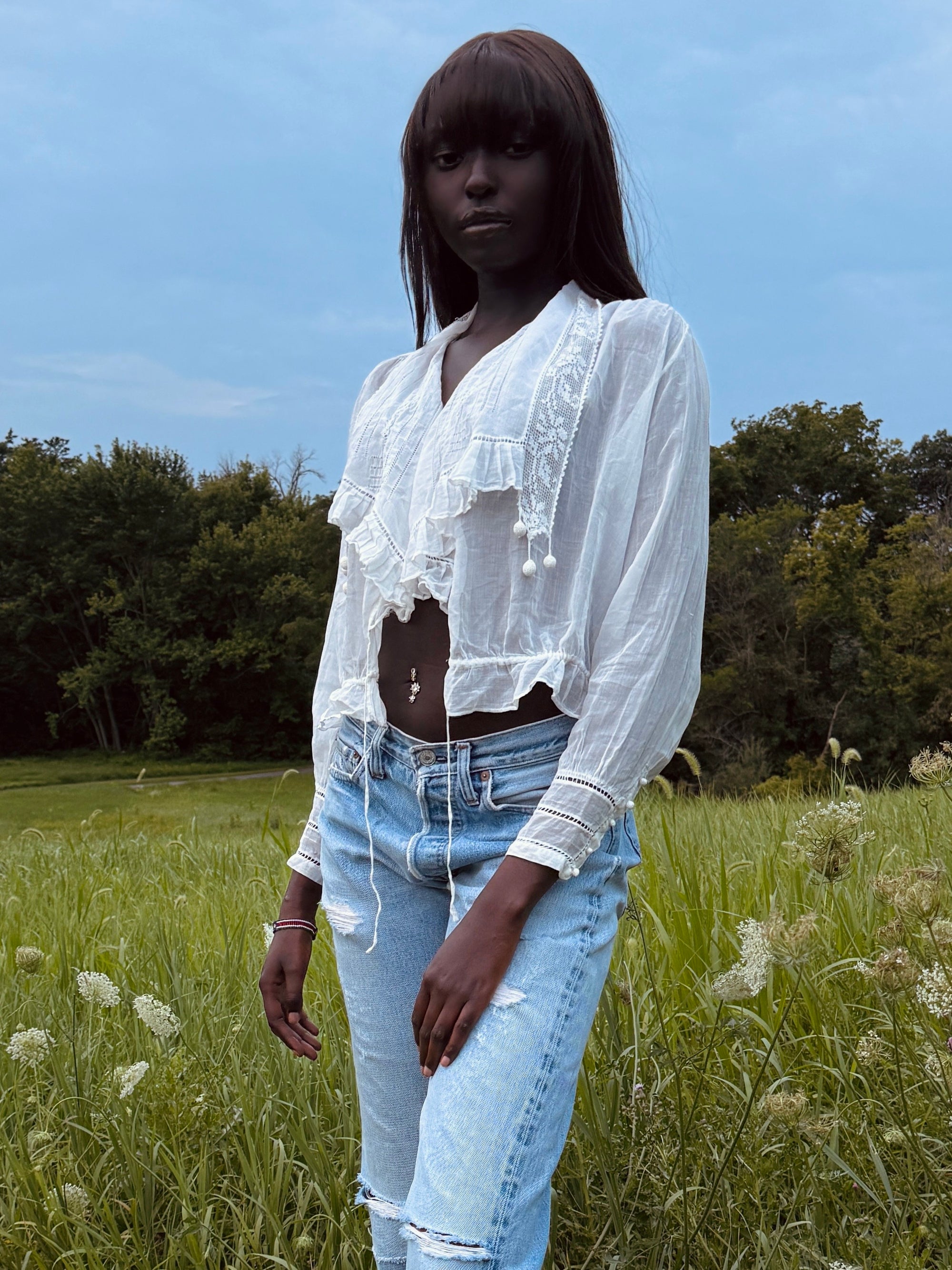 Antique Edwardian Romantic White Gauze Cotton Blouse | Vintage Sheer Top With Pom-Pom Tassels
