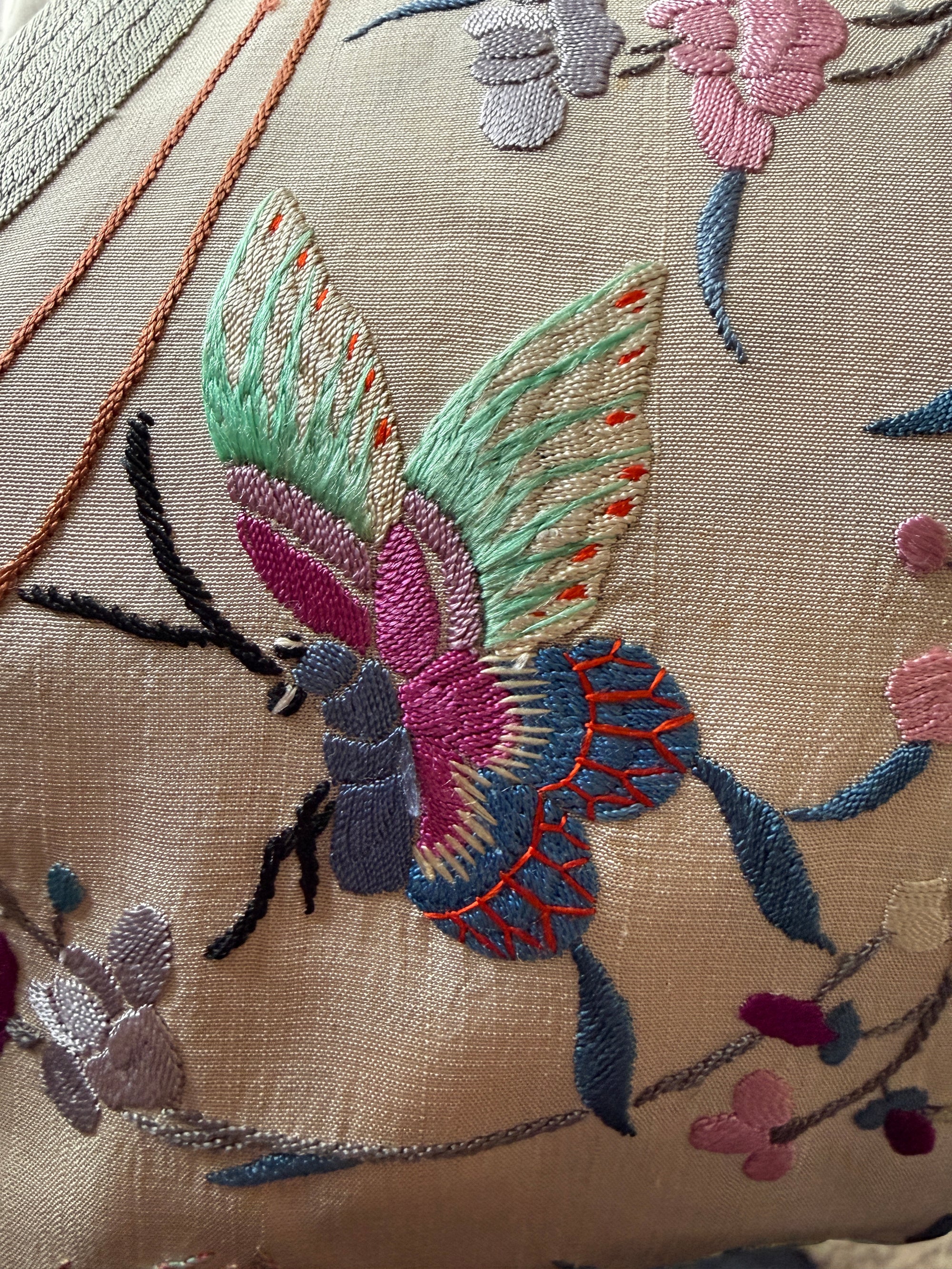 Vintage 1930s Manton de Manila Embroidered Silk Piano Shawl | Floral Bird Butterfly Motif With Long Fringe