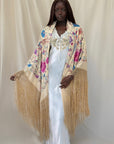 Vintage 1930s Manton de Manila Embroidered Silk Piano Shawl | Floral Bird Butterfly Motif With Long Fringe