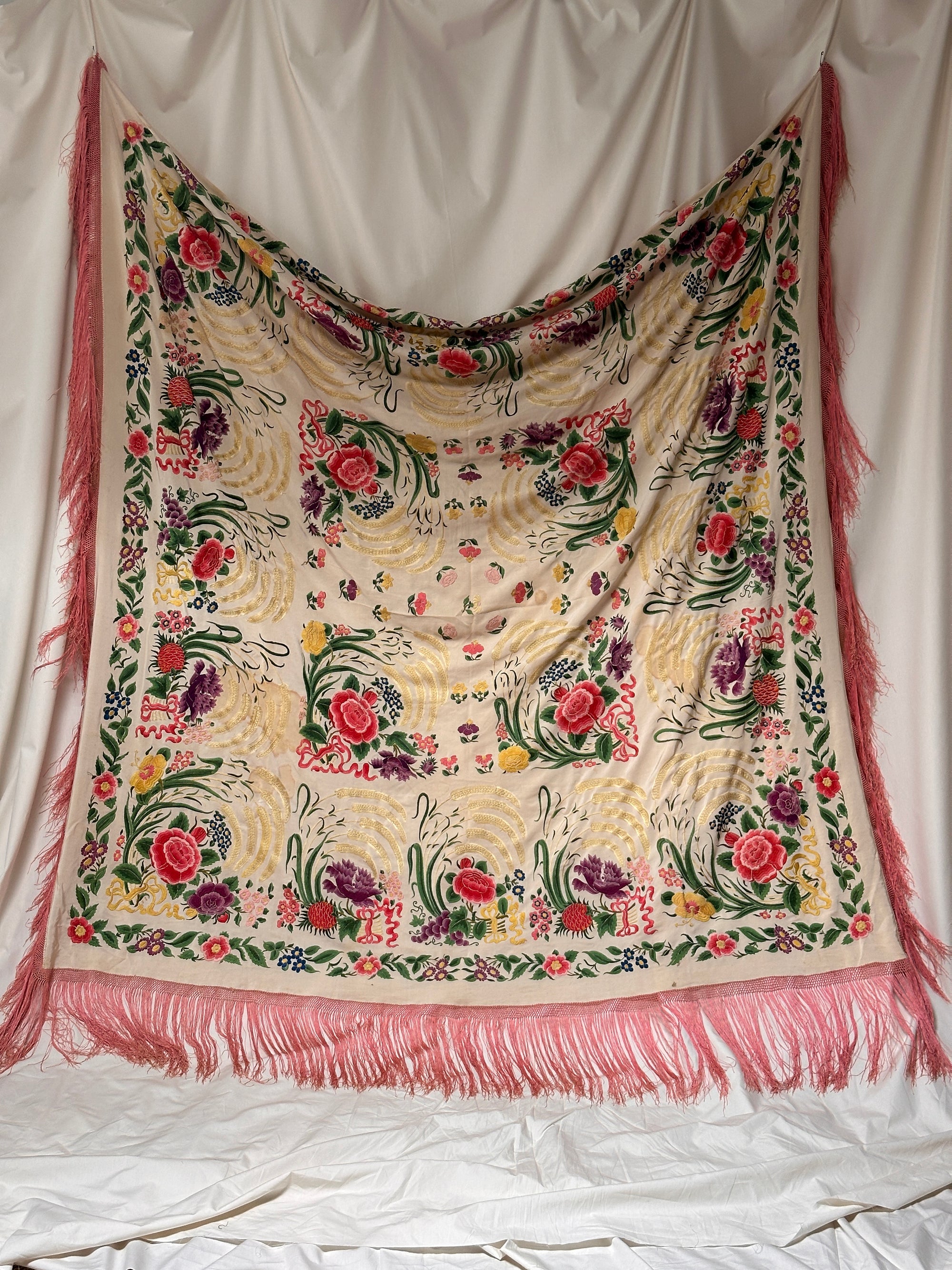 Vintage 1920’s Manton De Manila Silk Embroidered Double-Sided Piano Shawl ///SOLD///