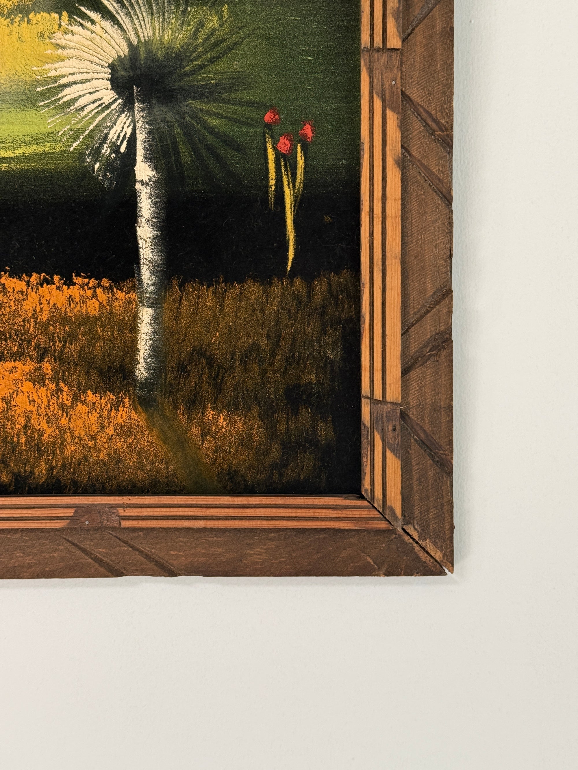 Vintage Mid Century Modern Desert Landscape Black Velvet Painting | MCM Cactus &amp; Yucca Wall Art | Southwestern Framed Original Artwork