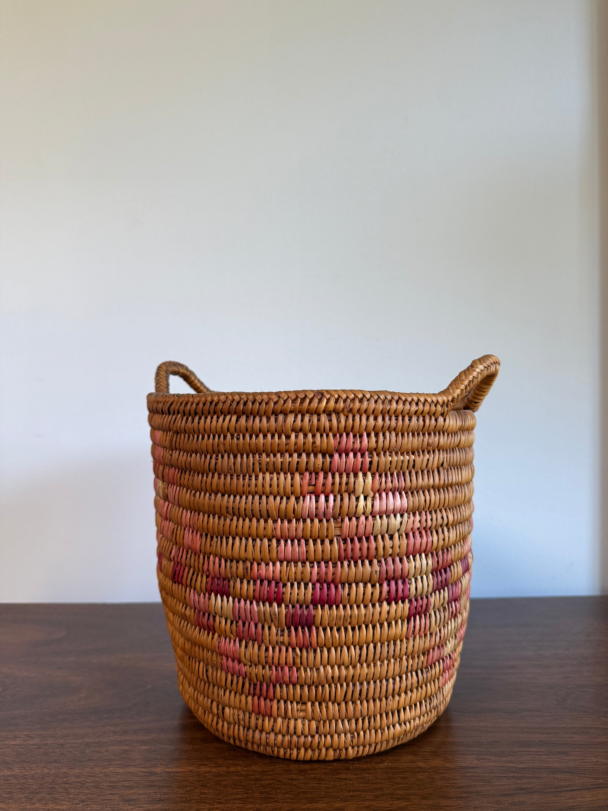 Vintage Jicarilla Apache Coil Handmade Basket With Handles | Native American Pattern Basket