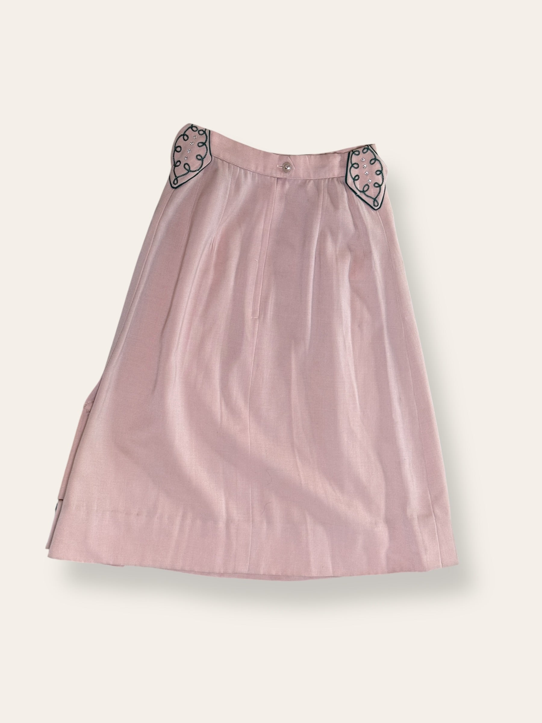 Vintage 1940's Gabardine Hollywood Western Skirt | Chain Stitch Embroidery, Rhinestones &amp; Suede Fringe W:25