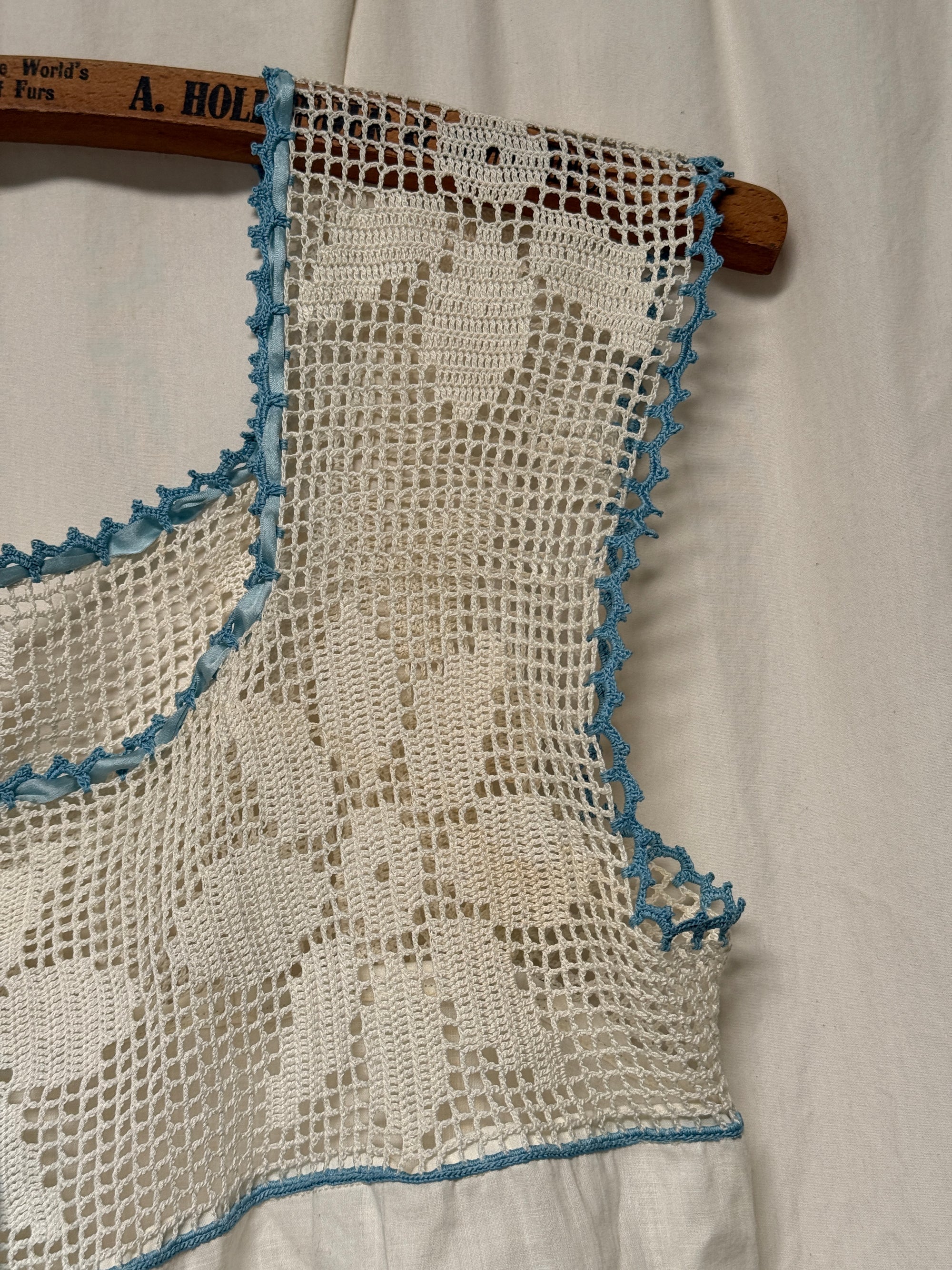 Vintage Edwardian Crochet Lace Blouse | White Cotton Ruffle Top with Blue Ribbon | Antique Romantic Cottagecore Boho