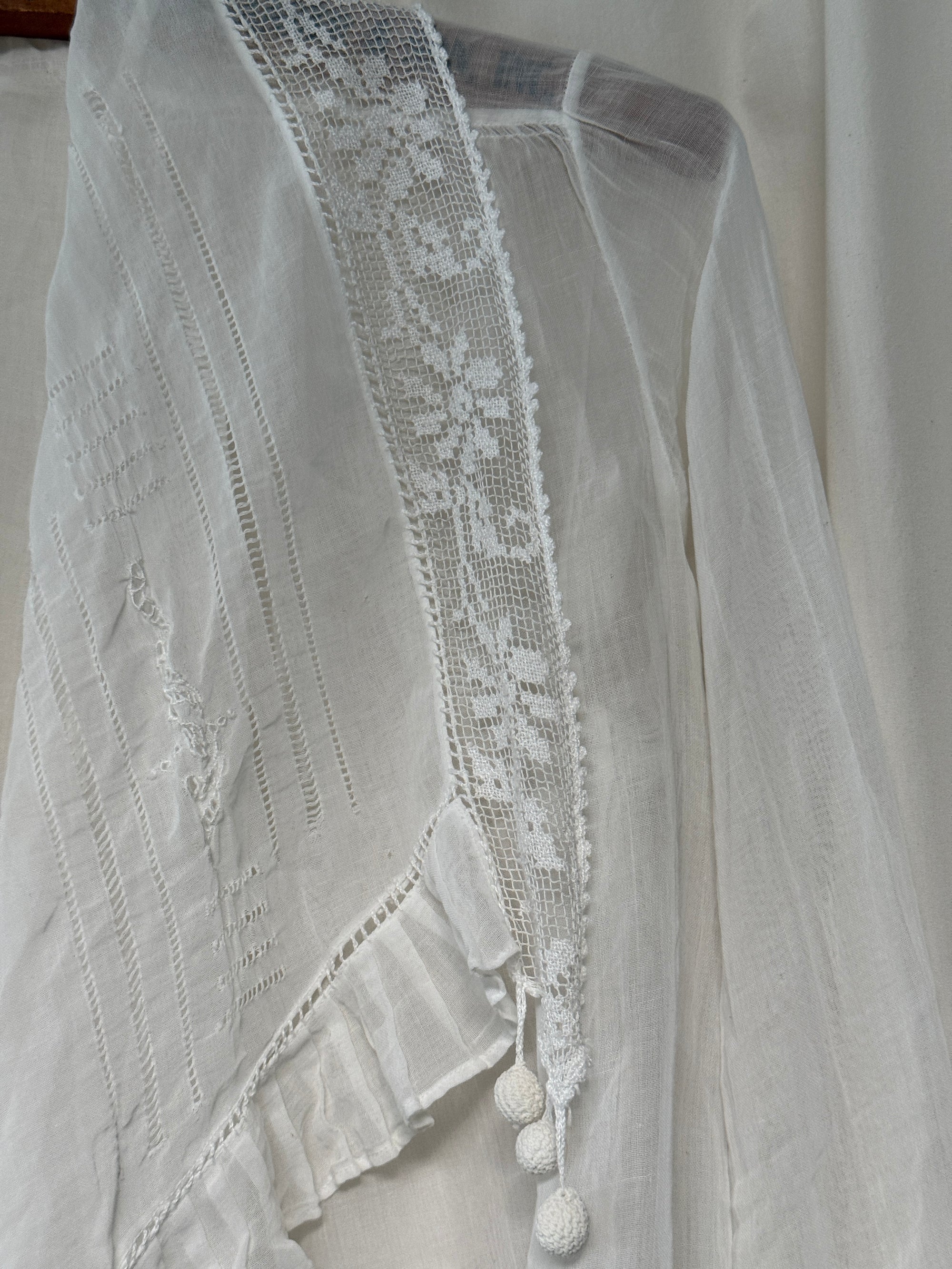 Antique Edwardian Romantic White Gauze Cotton Blouse | Vintage Sheer Top With Pom-Pom Tassels