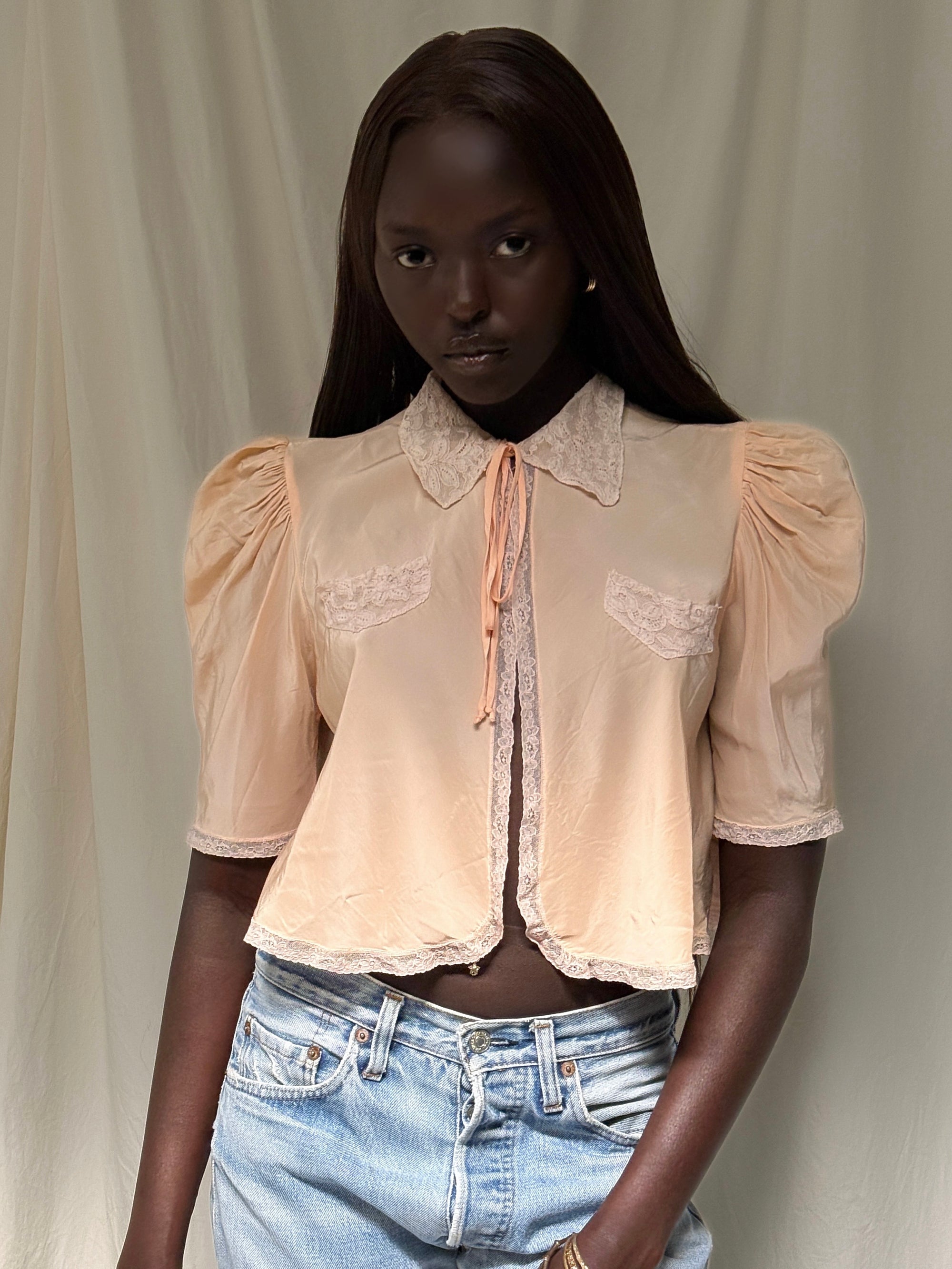 Vintage 1930s Silk &amp; Lace Puff Sleeve Bed Jacket | Romantic Silk Lingerie Top