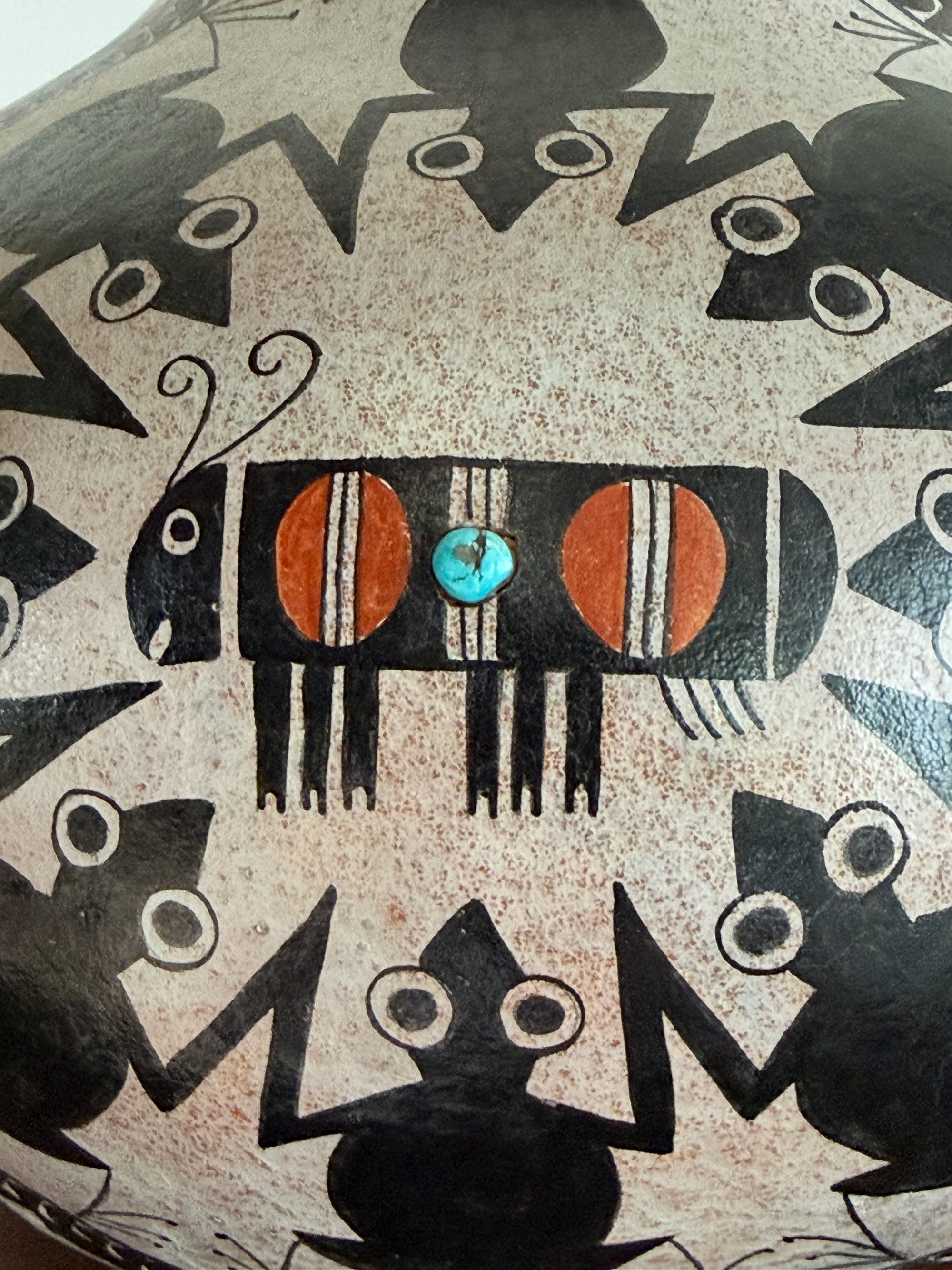 Vintage Robert Rivera Large Painted Gourd Vase | Mimbres Design Turquoise Inlay Hand Painted Bowl