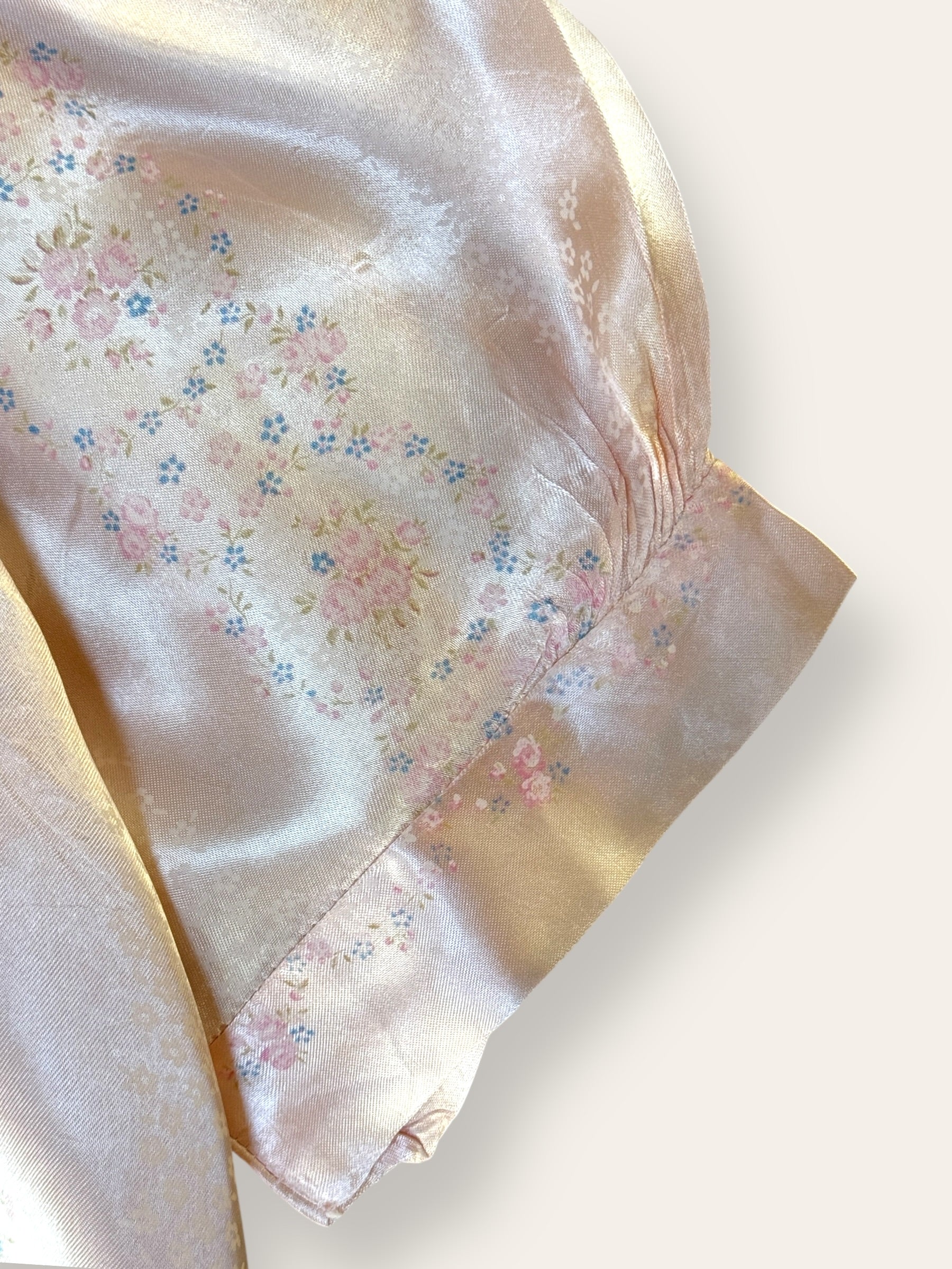 Vintage 1930s Silk Bed Jacket | Peachy Pink Floral Satin Boudoir Lingerie Top