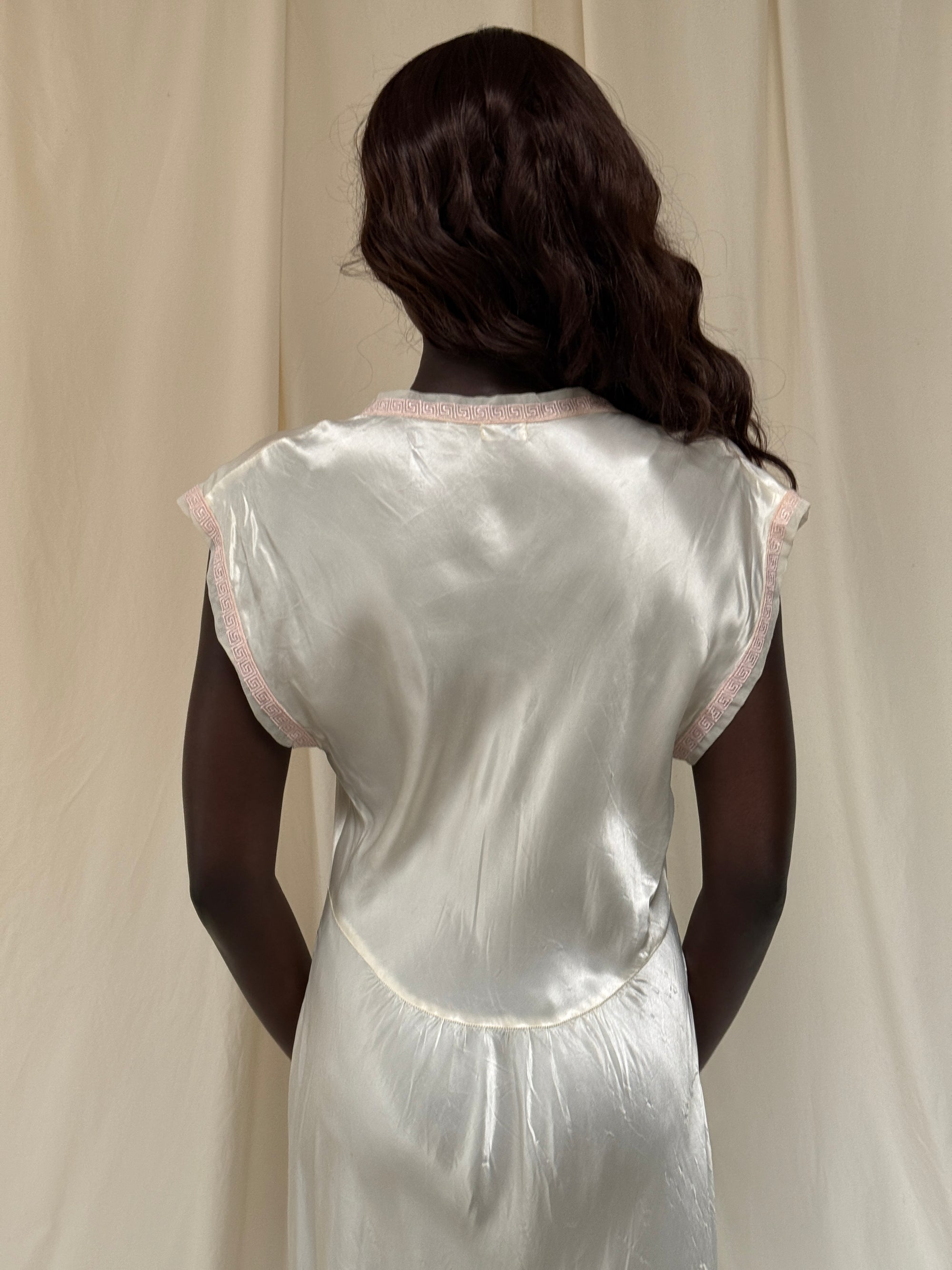 Vintage 1940s Greek Key Pattern Rayon Bias Cut Slip Dress | Antique Ivory Nightgown Negligée