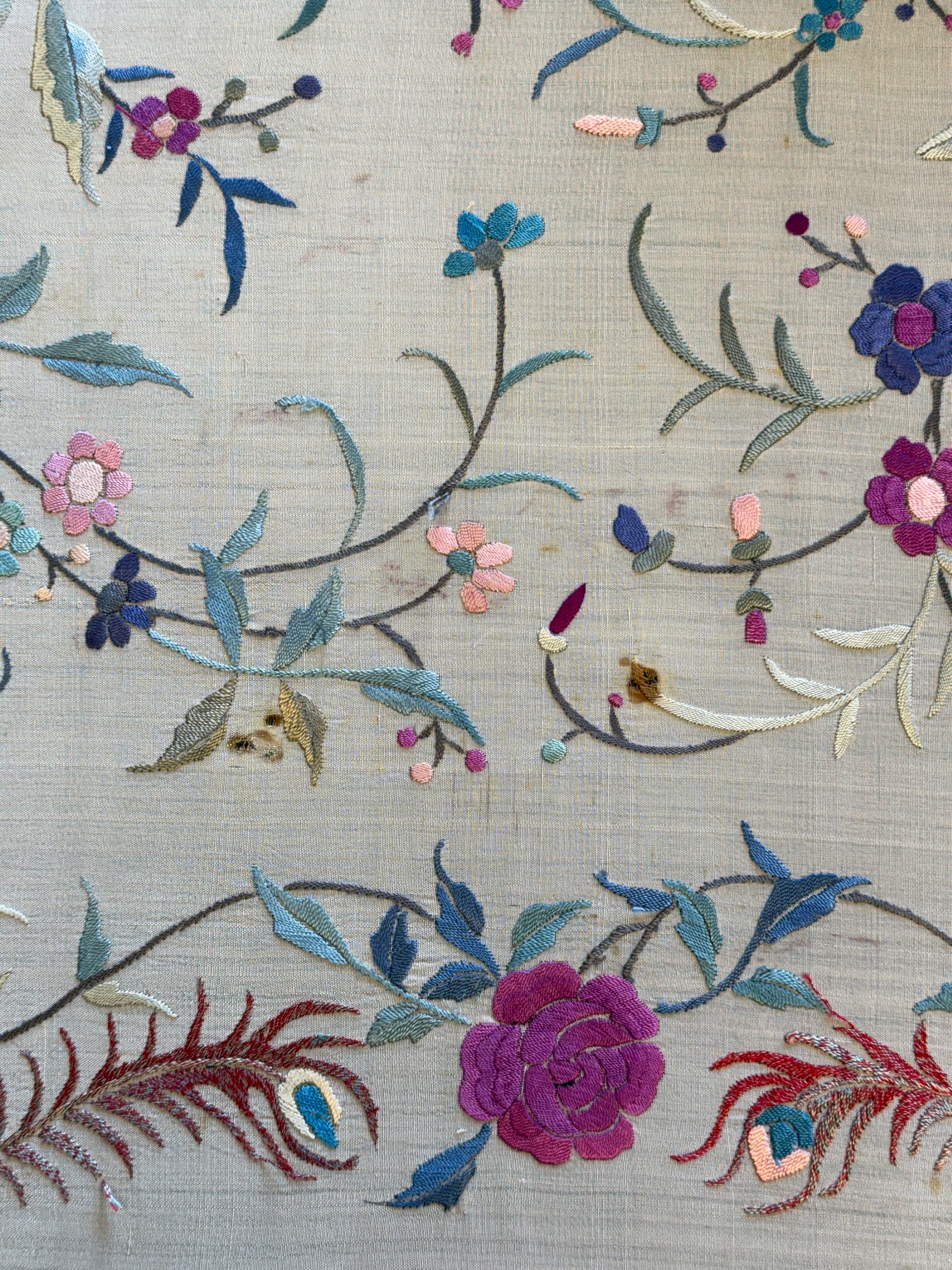 Vintage 1930s Manton de Manila Embroidered Silk Piano Shawl | Floral Bird Butterfly Motif With Long Fringe