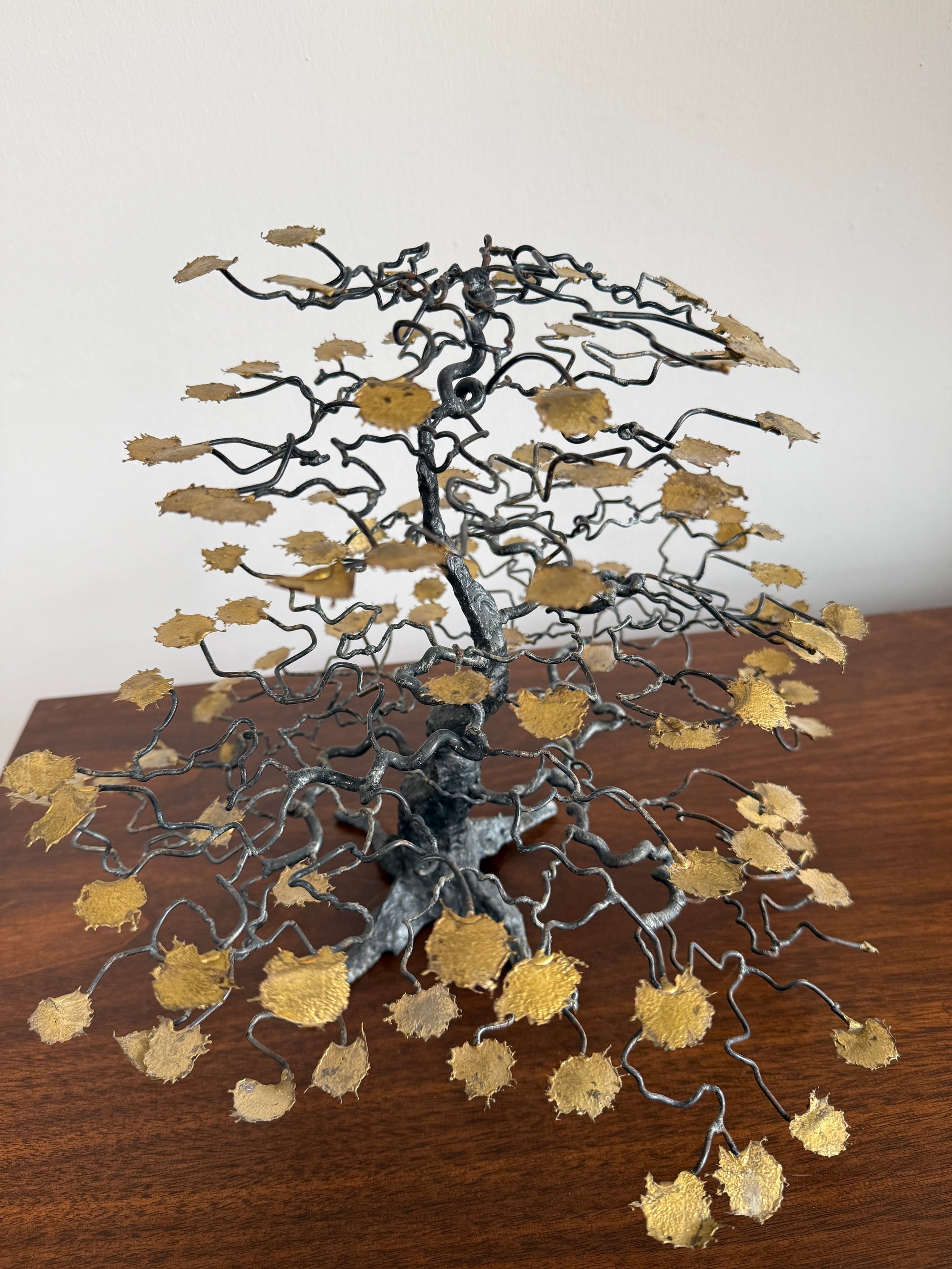 Vintage Brutalist Metal Bonsai Tree Sculpture | Handcrafted Wire Art with Gilt Leaves | Mid Century Modern Decor