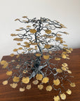 Vintage Brutalist Metal Bonsai Tree Sculpture | Handcrafted Wire Art with Gilt Leaves | Mid Century Modern Decor