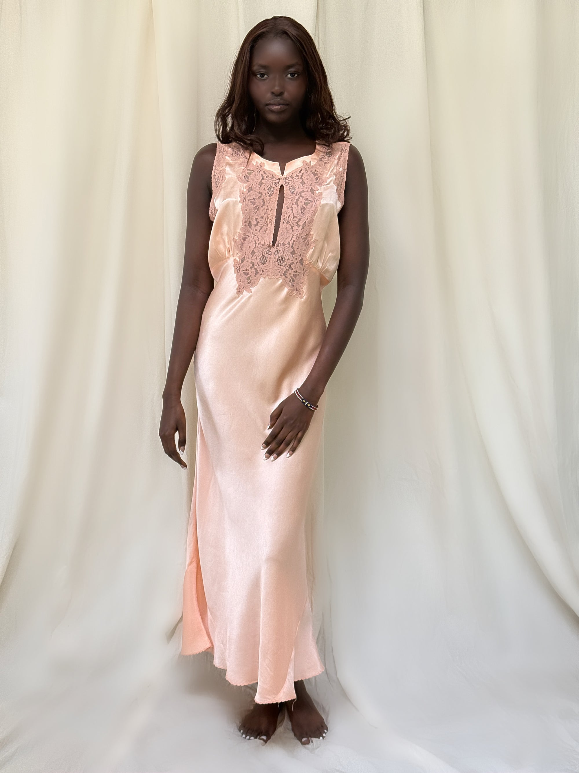 Vintage 1930’s Silk Rayon Bias Cut Lace Slip Dress | Old Hollywood Glamour Keyhole Silk Nightgown
