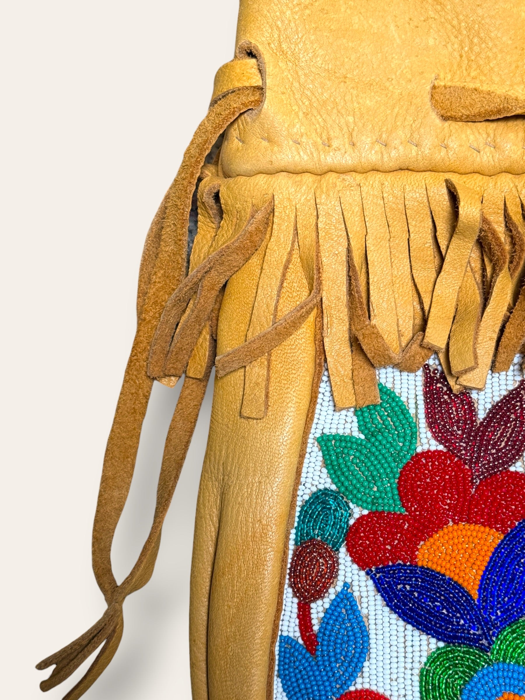 Vintage 1950s Northern Plains Medicine Bag Native American Beaded Leather Bag | Floral Seed Bead Design | Handmade Tribal Art Purse