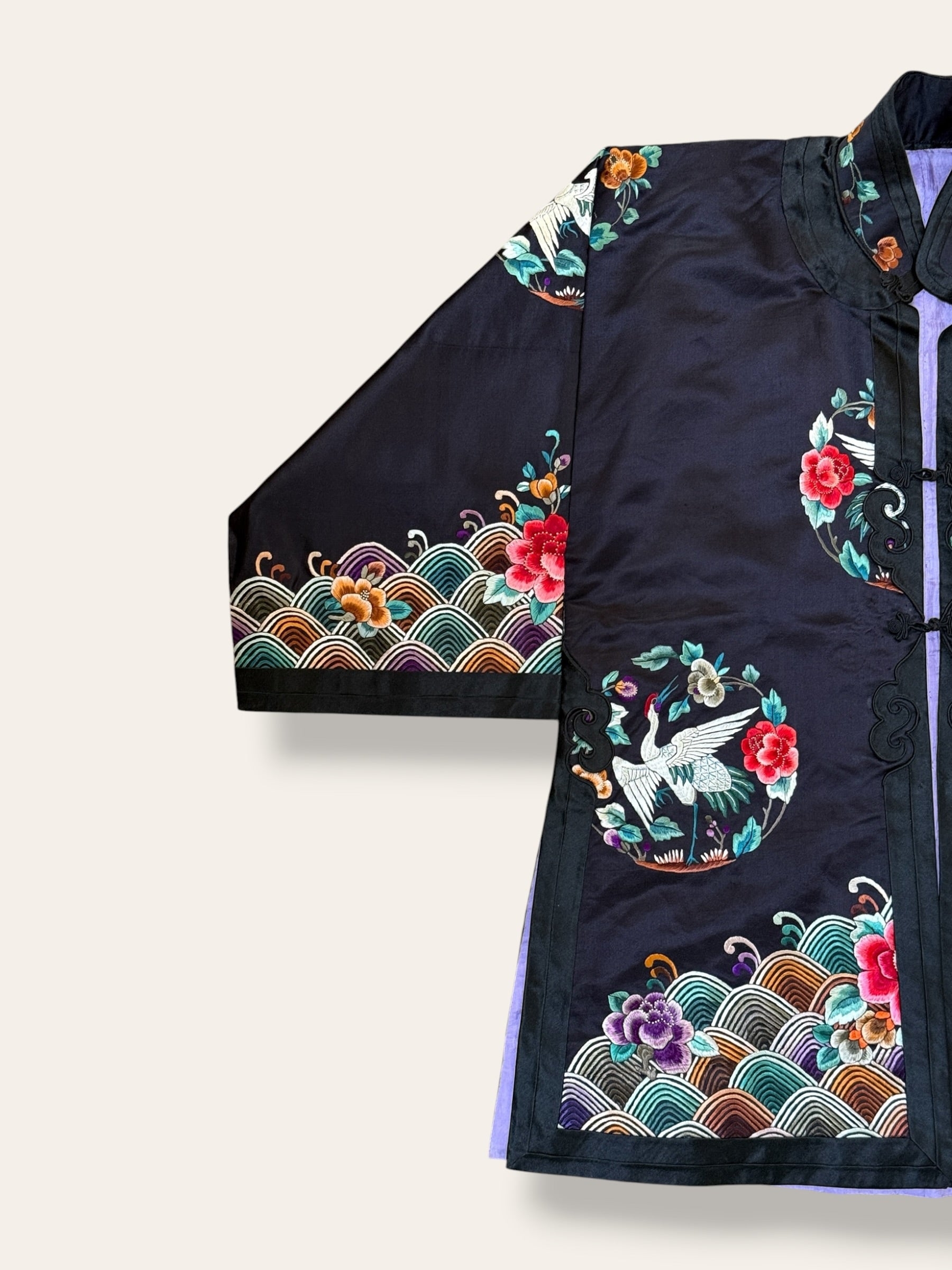 Vintage 1920’s Chinese Silk Jacket | Antique Hand Embroidery Crane Floral Motif Silk