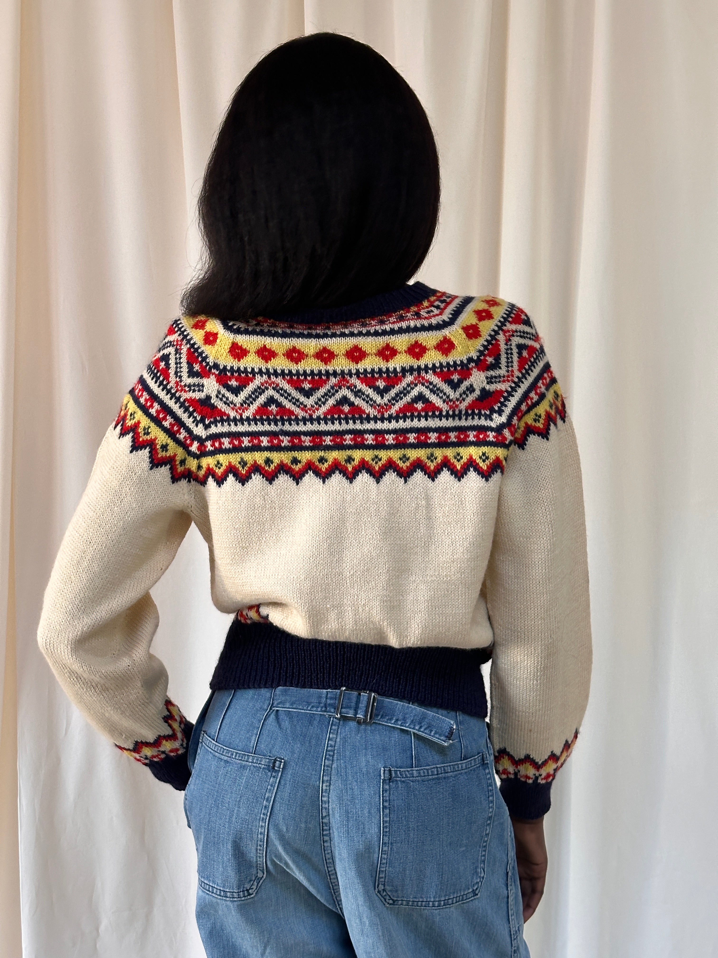 Vintage 1950's Norway Fair Isle Navy Wool Cardigan Sweater
