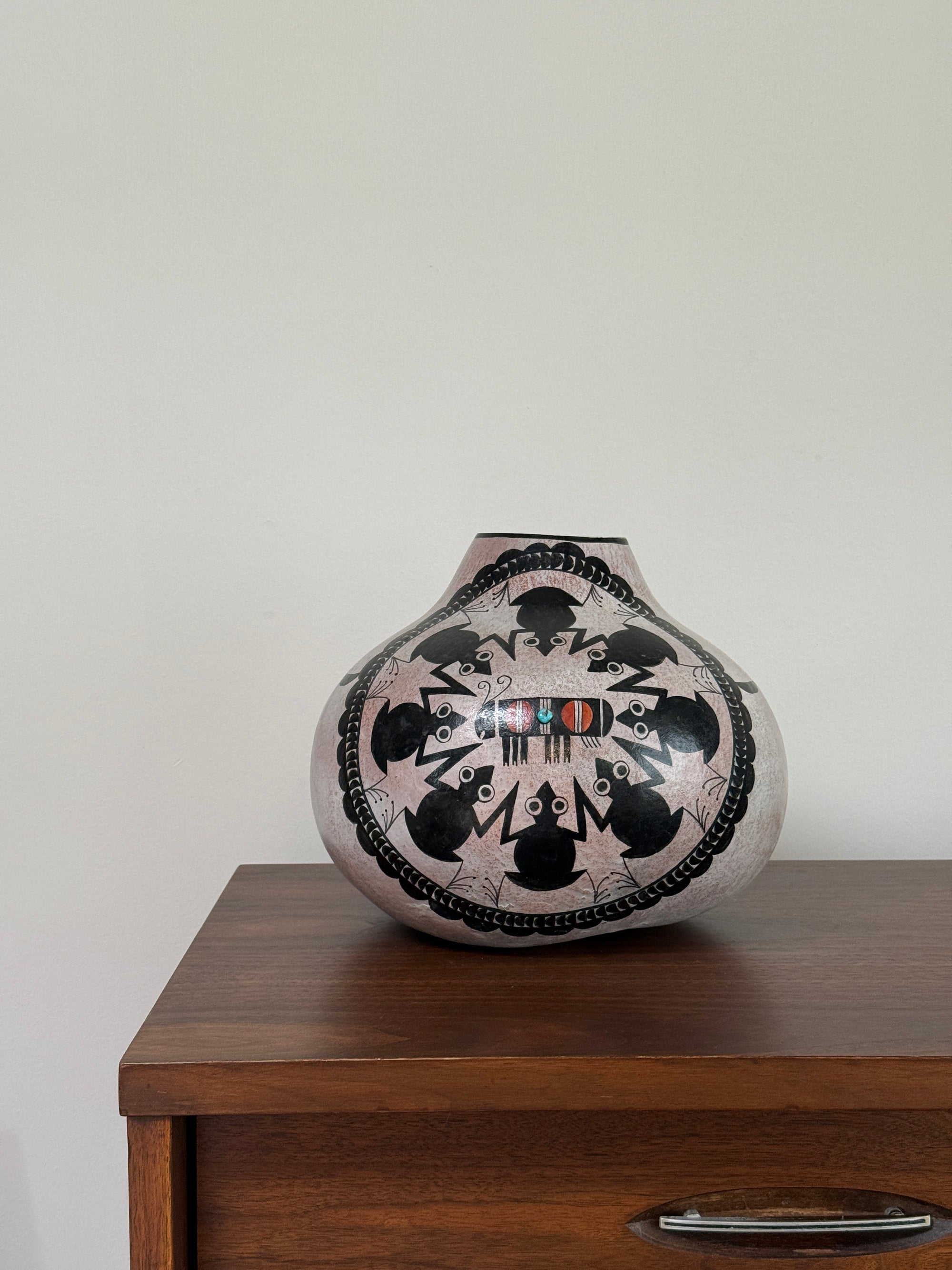 Vintage Robert Rivera Large Painted Gourd Vase | Mimbres Design Turquoise Inlay Hand Painted Bowl