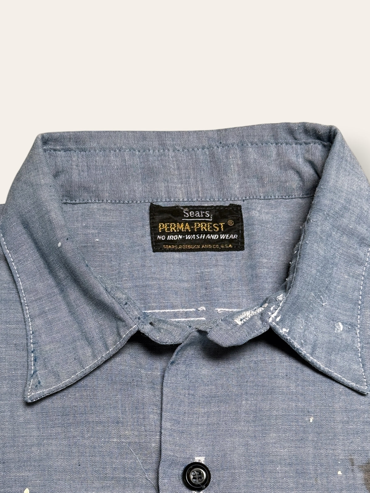 Vintage 1960’s Vintage Chambray Painter Work Shirt | Sears Perma-Prest | Paint Splatter Shirt | Distressed Workwear