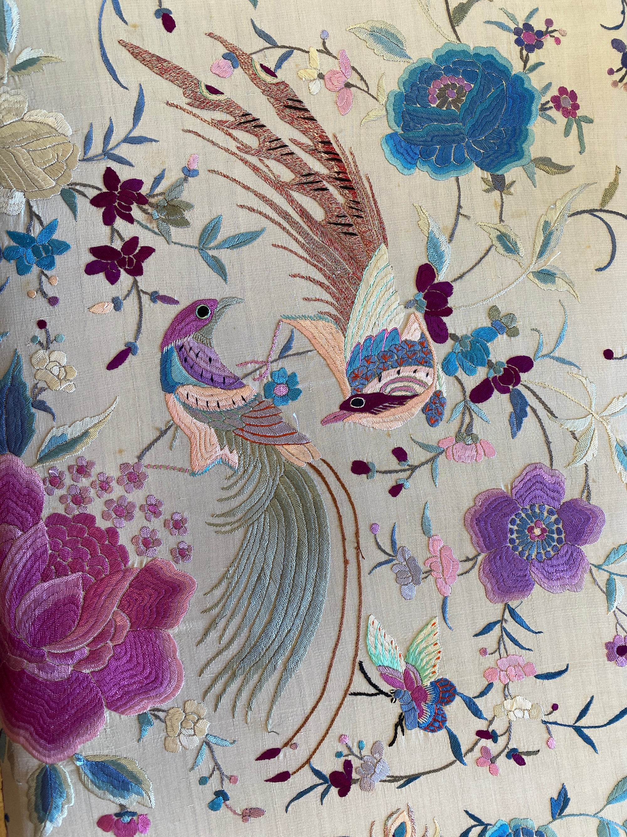 Vintage 1930s Manton de Manila Embroidered Silk Piano Shawl | Floral Bird Butterfly Motif With Long Fringe