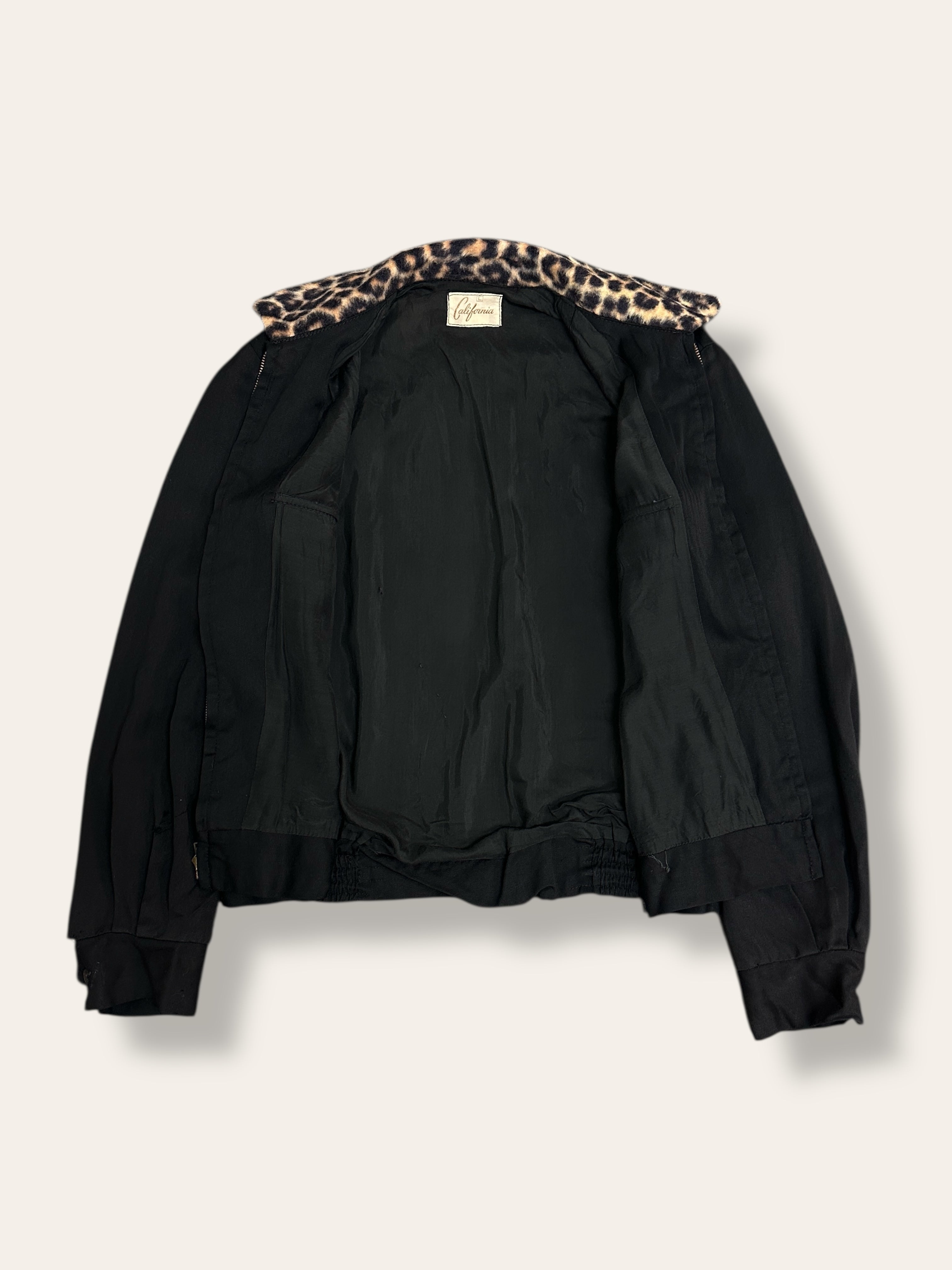 Vintage 1950's California Black Rayon Gabardine Leopard Trim