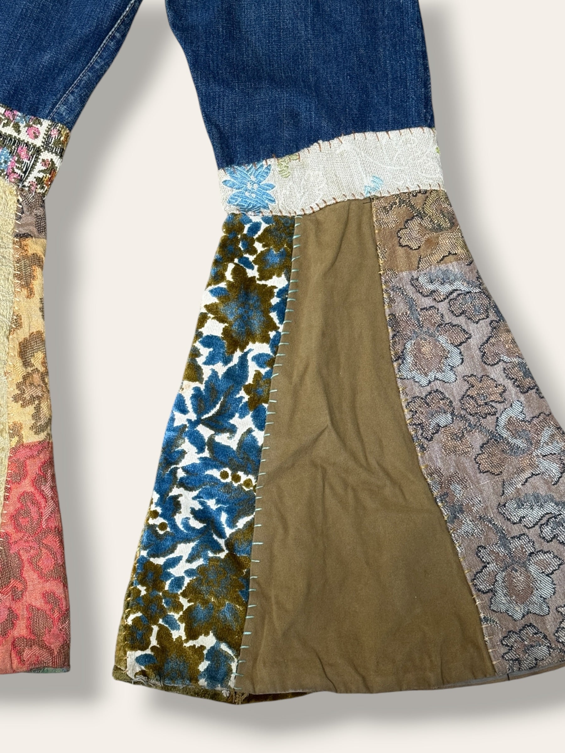 Vintage 1960s Levi’s 501s Big E Hippie Patchwork Denim Jeans | Bell Bottom Folk Art Custom Denim Pants W:26