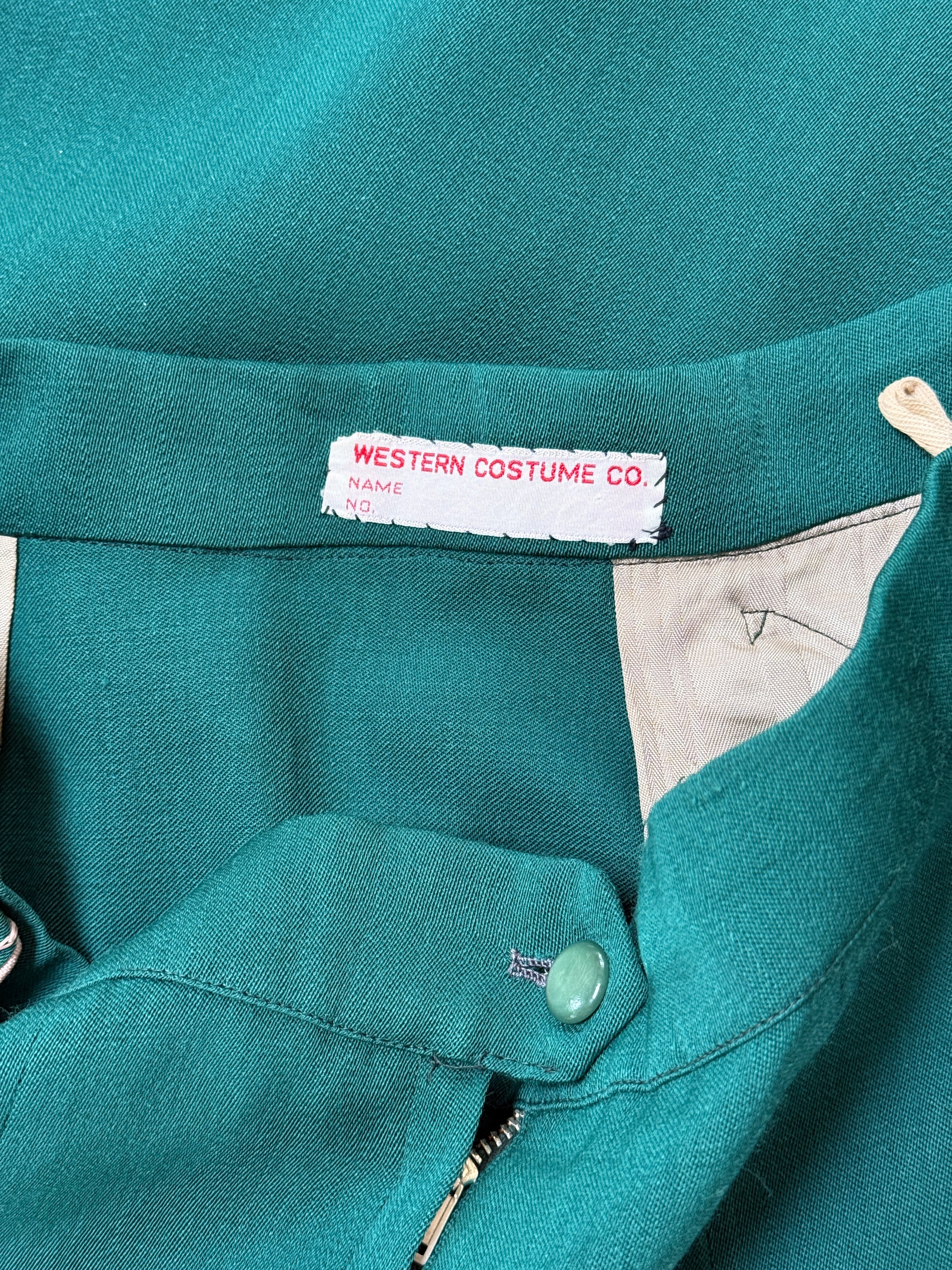 Vintage 1940's Gabardine Hollywood Western Skirt | Chain Stitch Embroidery, Rhinestones W:28