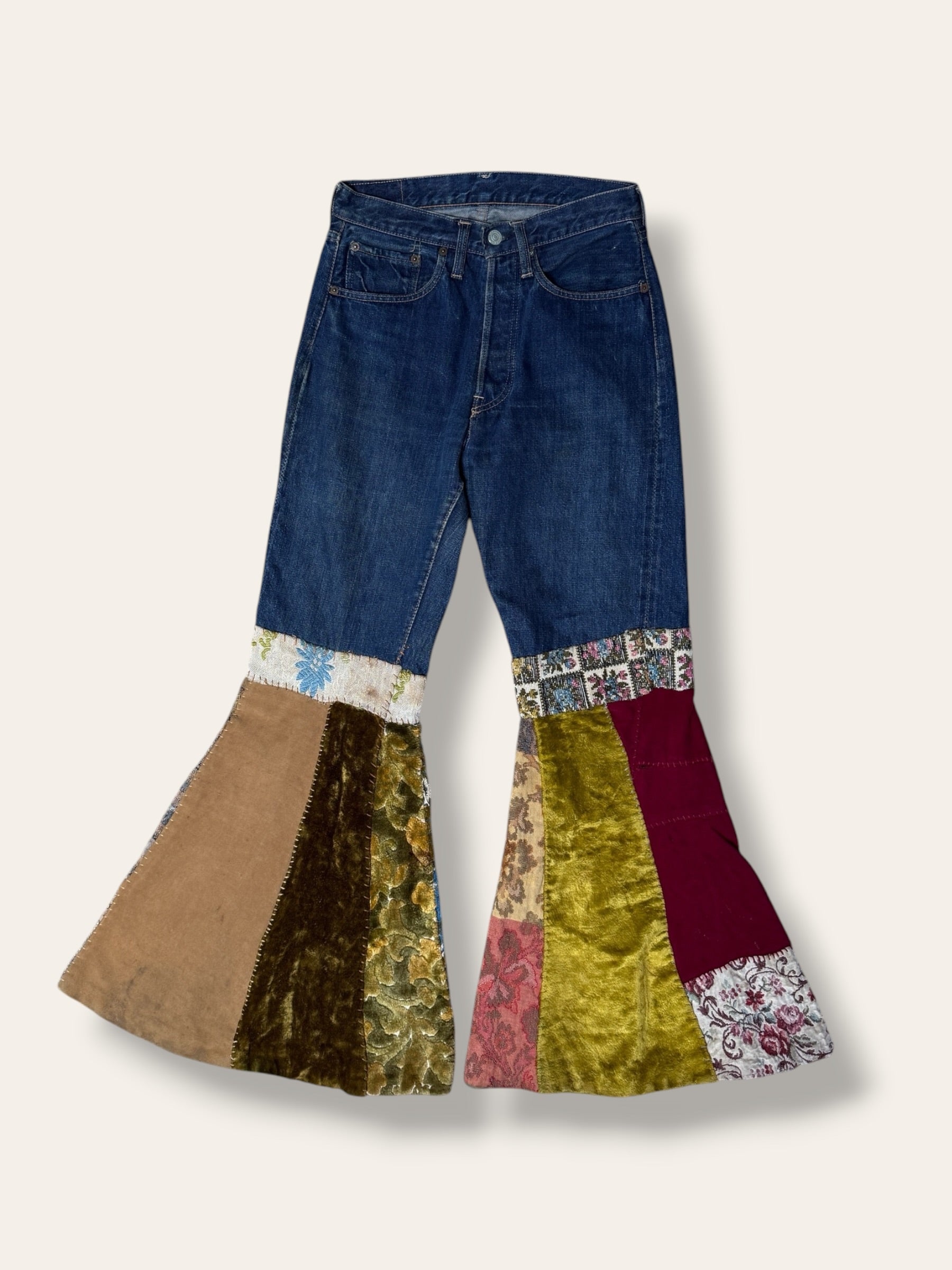 Vintage 1960s Levi’s 501s Big E Hippie Patchwork Denim Jeans | Bell Bottom Folk Art Custom Denim Pants W:26
