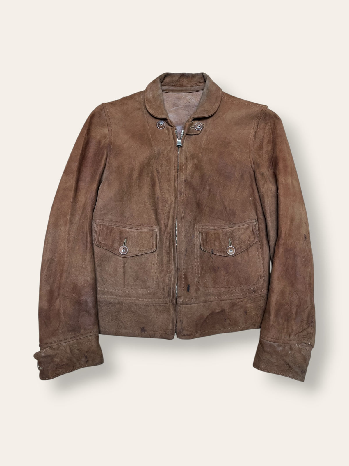 Vintage 1930s Suede Leather Cossack A-1 Chinstrap Jacket | Vintage Sport Coat Talon Zipper Side Buckles