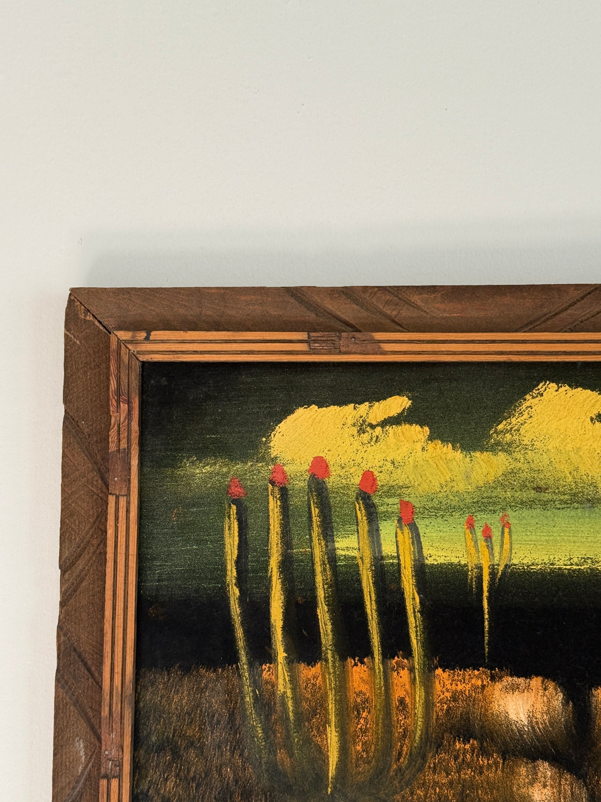 Vintage Mid Century Modern Desert Landscape Black Velvet Painting | MCM Cactus &amp; Yucca Wall Art | Southwestern Framed Original Artwork