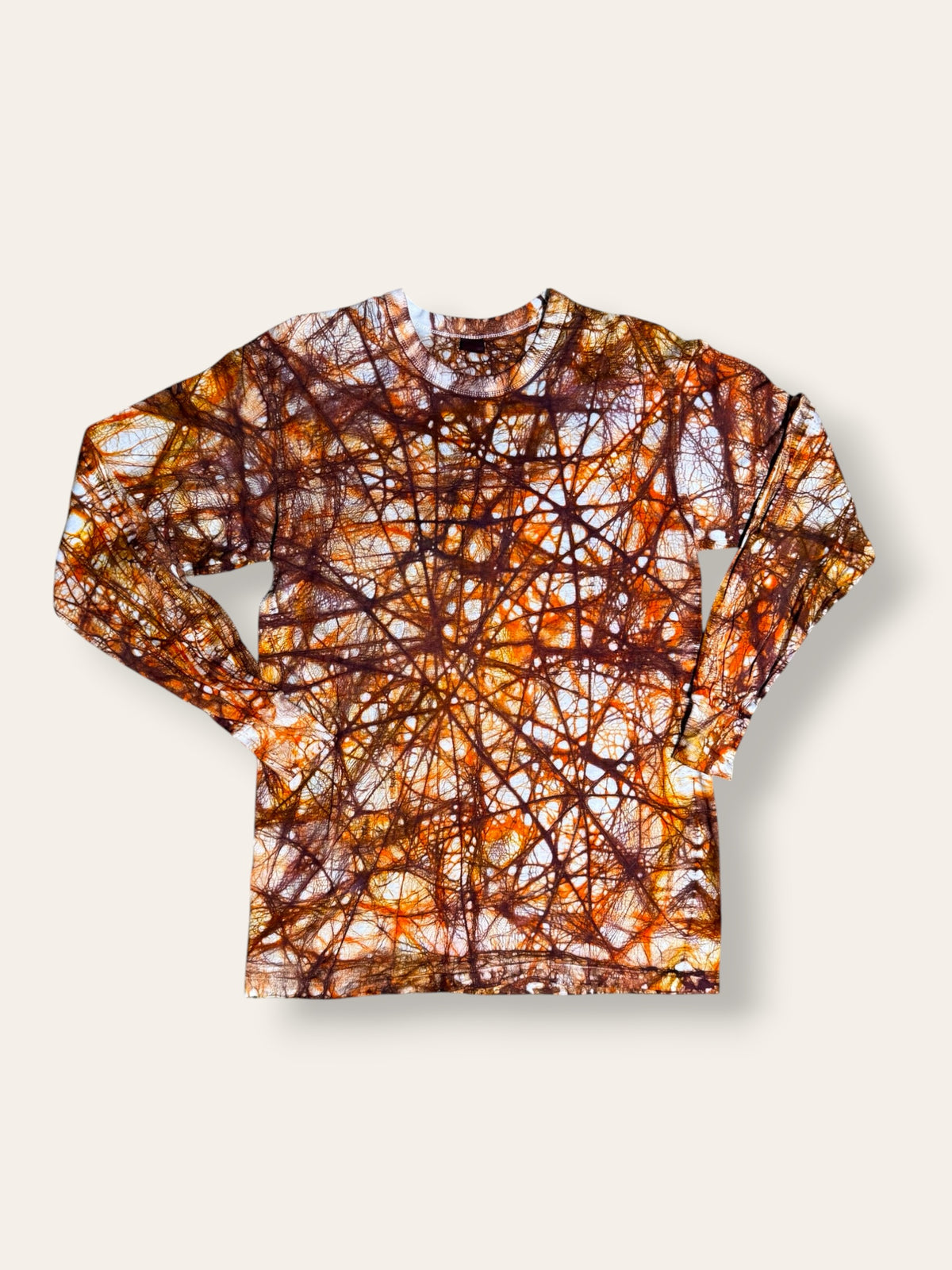 Vintage 1960s Hand-Dyed Folk Web Veining Tie-Dye Long Sleeve Shirt in Rust | Hanes Loopwheel 100% Cotton Shirt