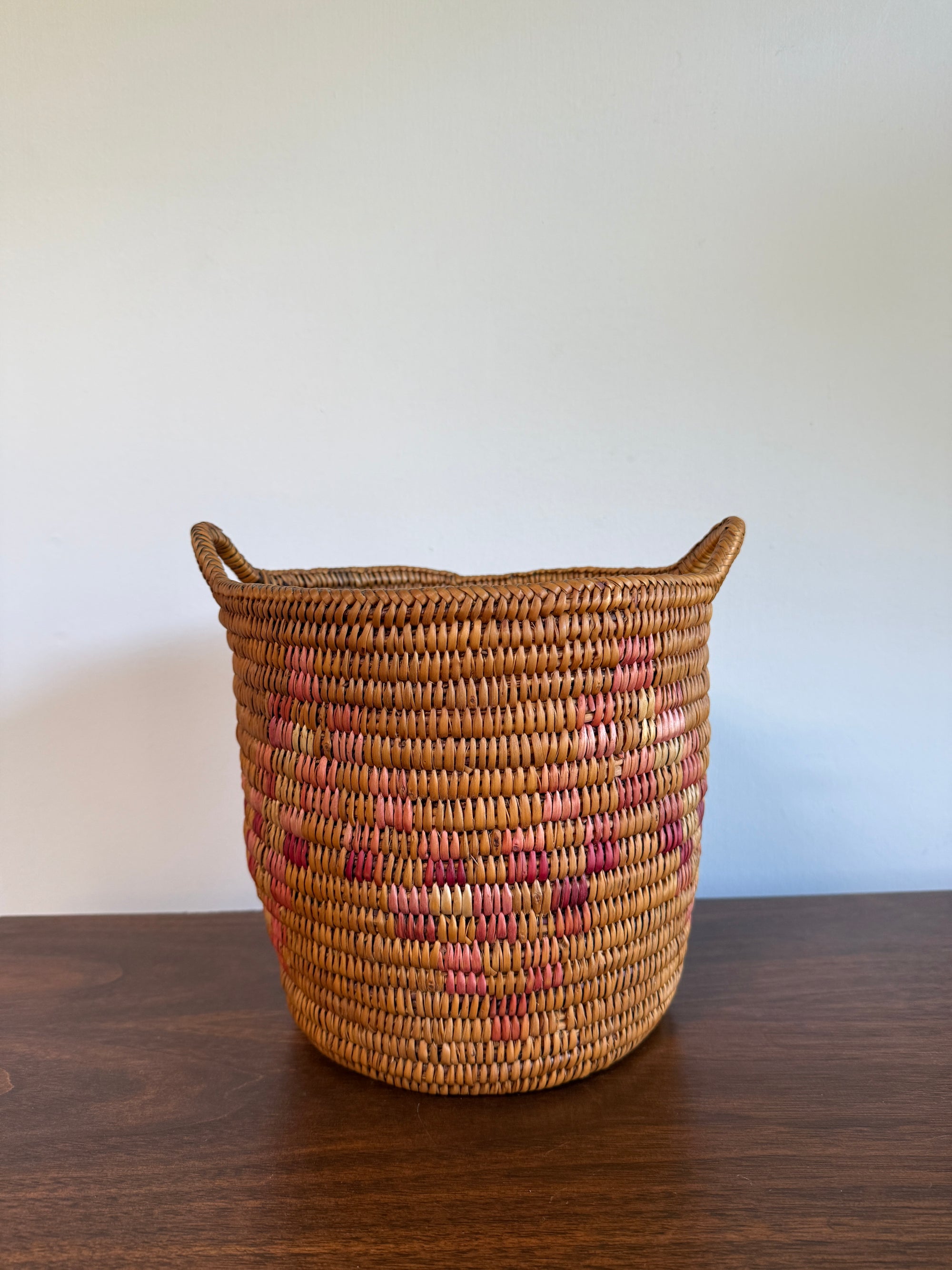 Vintage Jicarilla Apache Coil Handmade Basket With Handles | Native American Pattern Basket