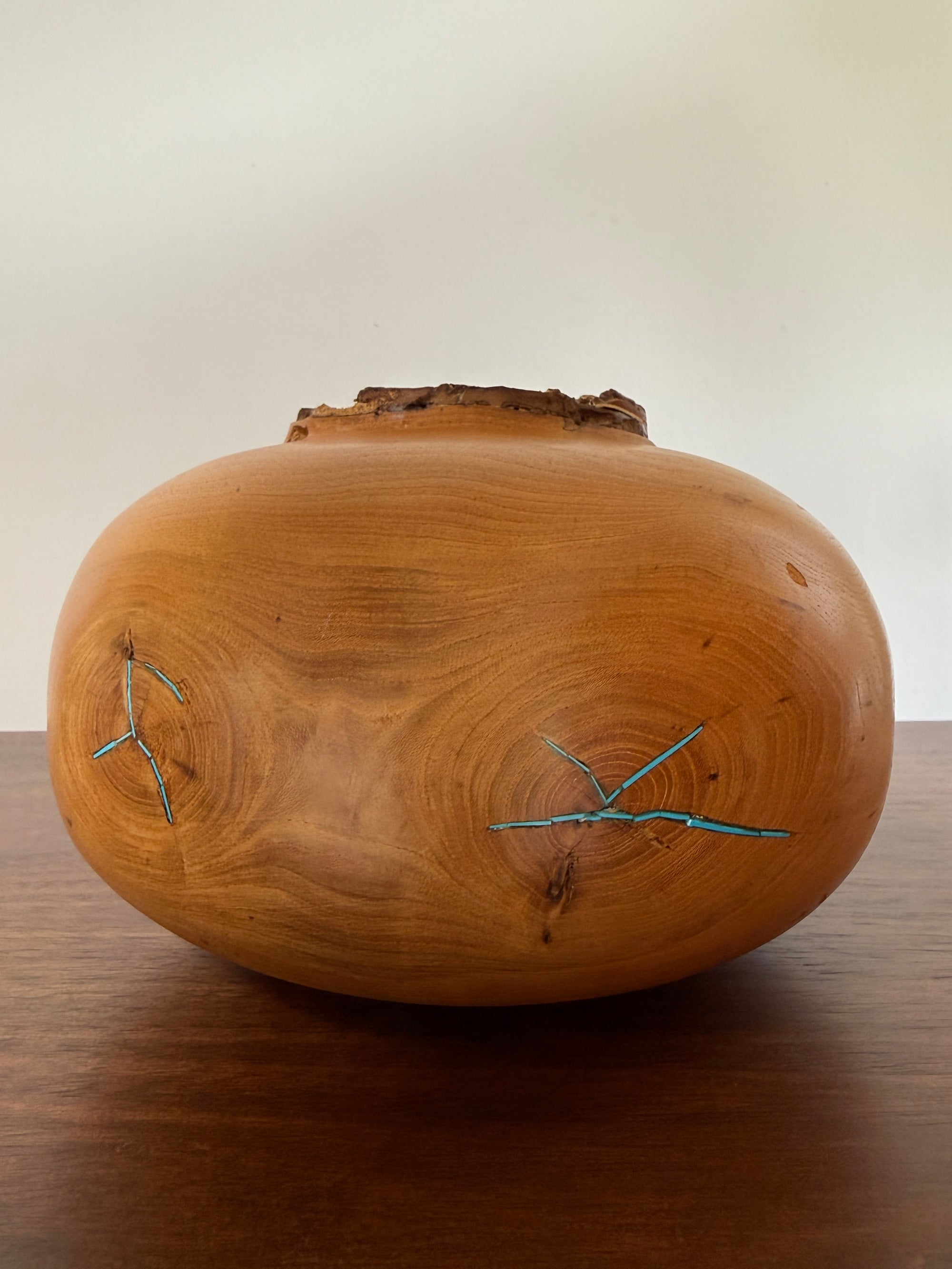 Vintage Signed Hand Turned Elm Fork Turquoise Inlay Burl Wood Bowl | Live Edge Natural Art Turned Vessel