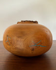 Vintage Signed Hand Turned Elm Fork Turquoise Inlay Burl Wood Bowl | Live Edge Natural Art Turned Vessel