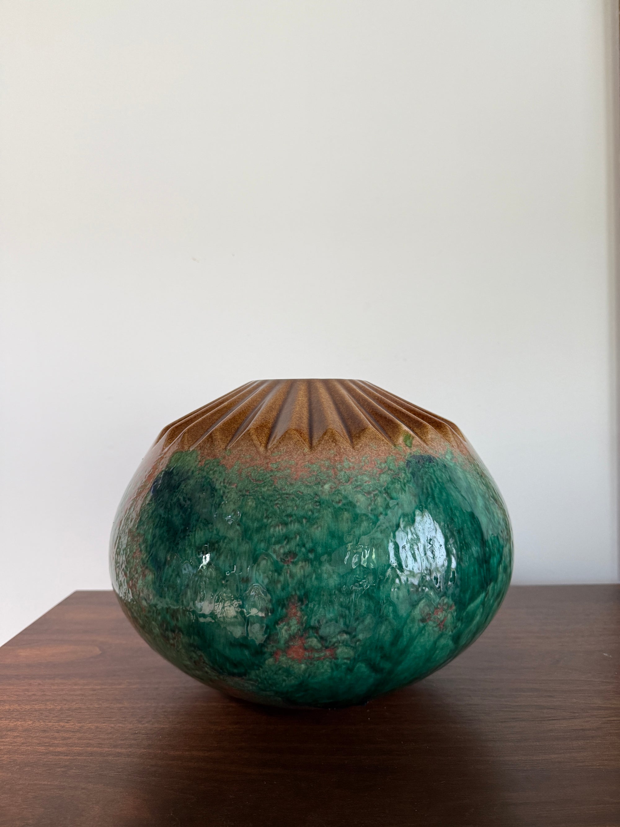 Vintage MCM Vanguard Studios Pottery Large Vase | Mid Century Modern Fluted Rim Green Glaze Studio Art Pottery Vessel USA