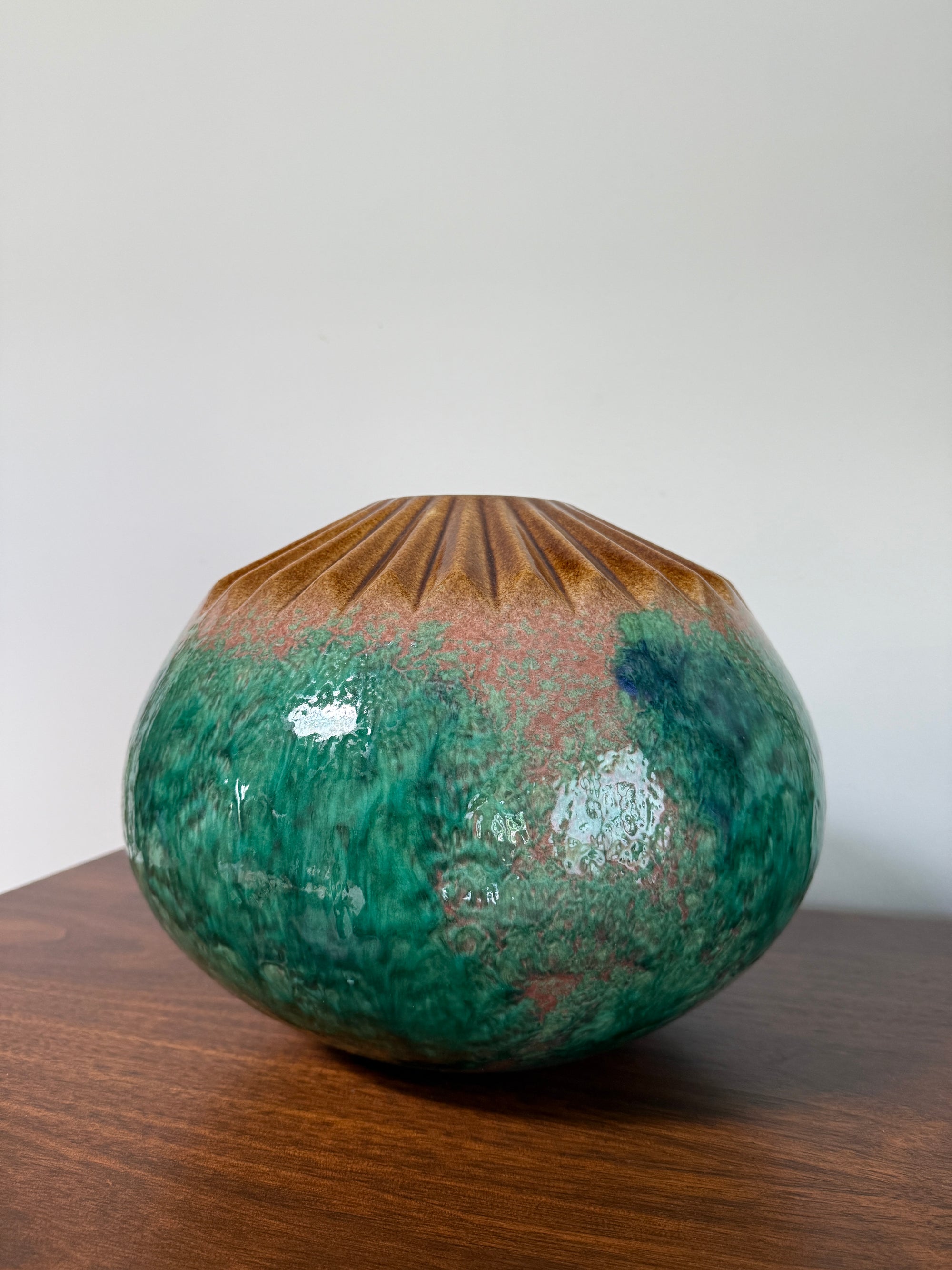 Vintage MCM Vanguard Studios Pottery Large Vase | Mid Century Modern Fluted Rim Green Glaze Studio Art Pottery Vessel USA