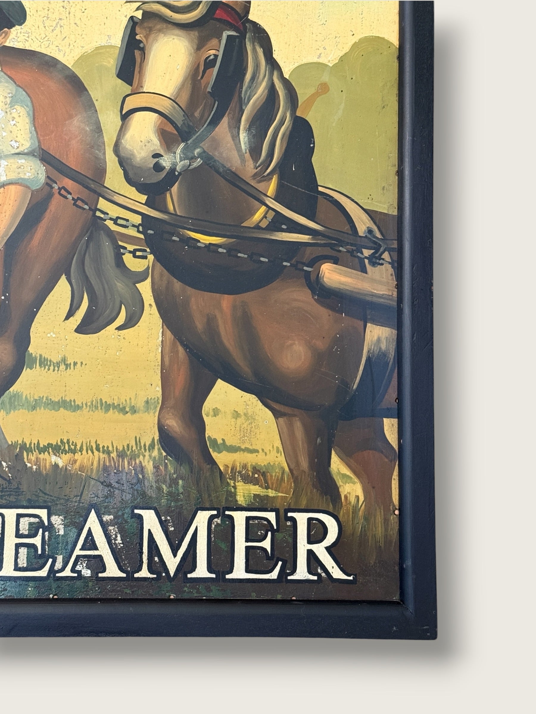 Vintage English MCM Pub Sign "The Steamer" | Mid Century Horse &amp; Cart Tavern Wall Art | Framed British Bar Hand Painted Art