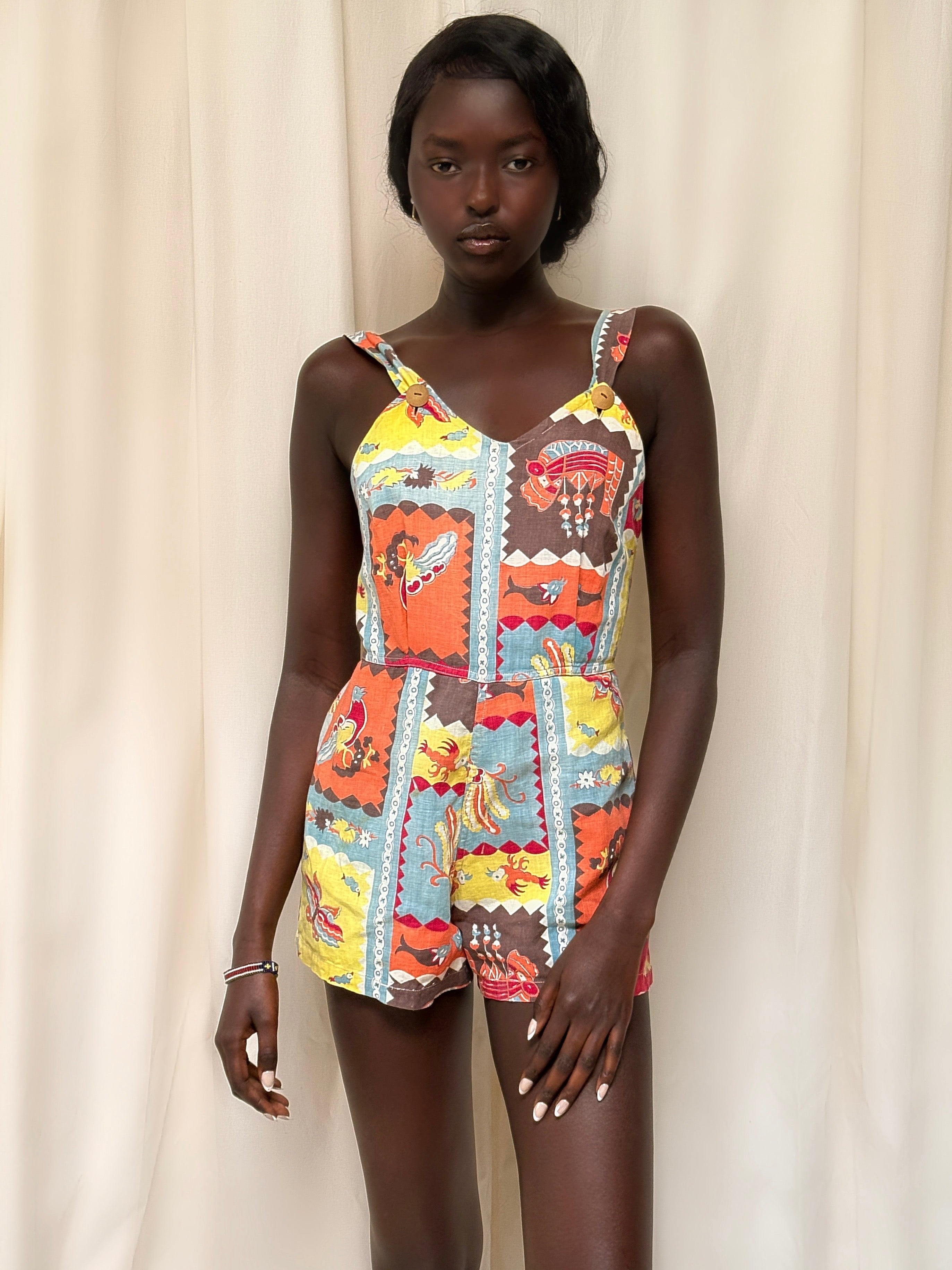 Vintage 1930's Cotton Romper with Colorful Novelty Print | Antique