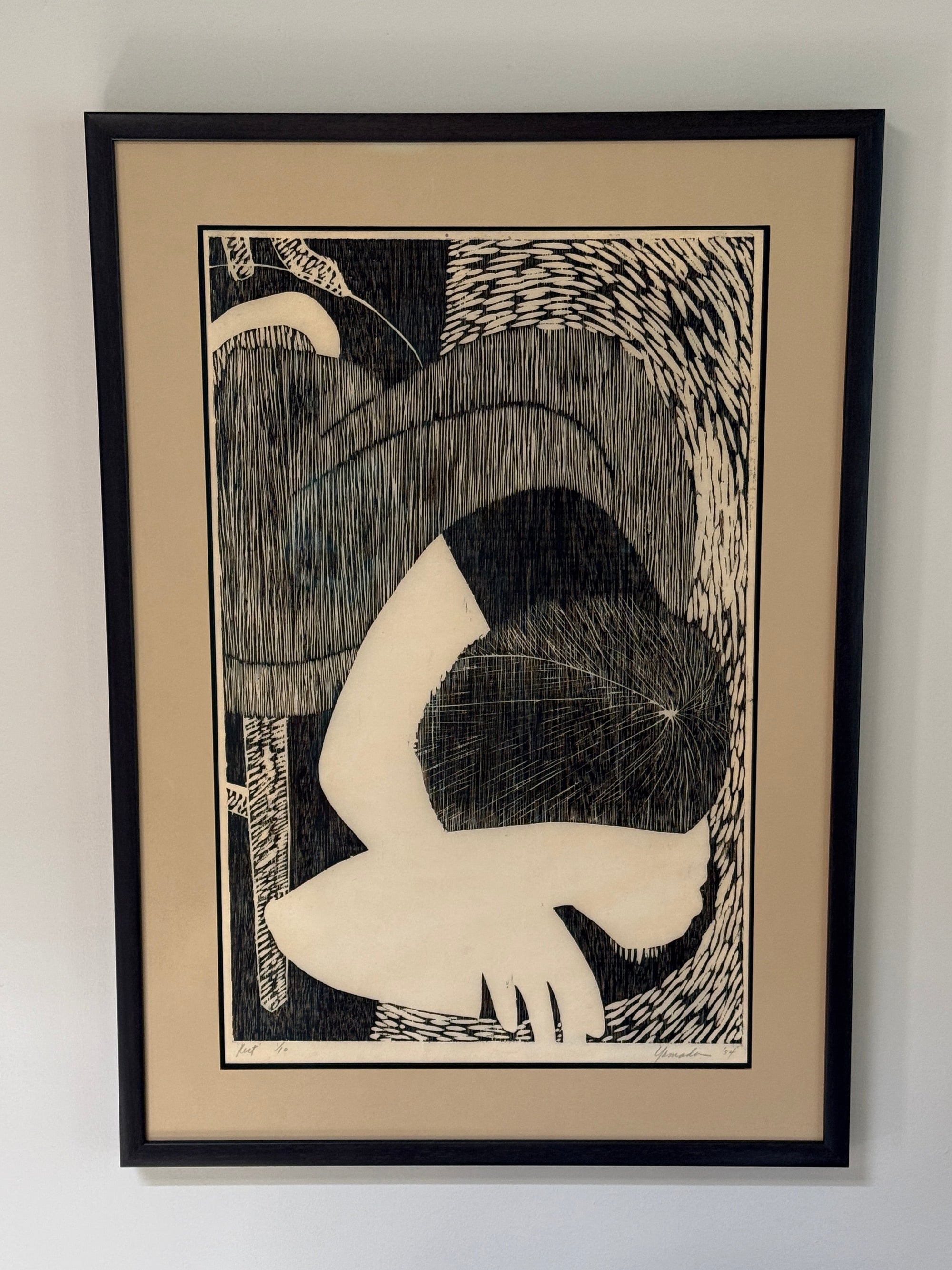 Vintage MCM Yamada Signed Edition 1/10 “REST” | Framed Japanese Sosaku-Hanga Woodblock Print Mid Century Art