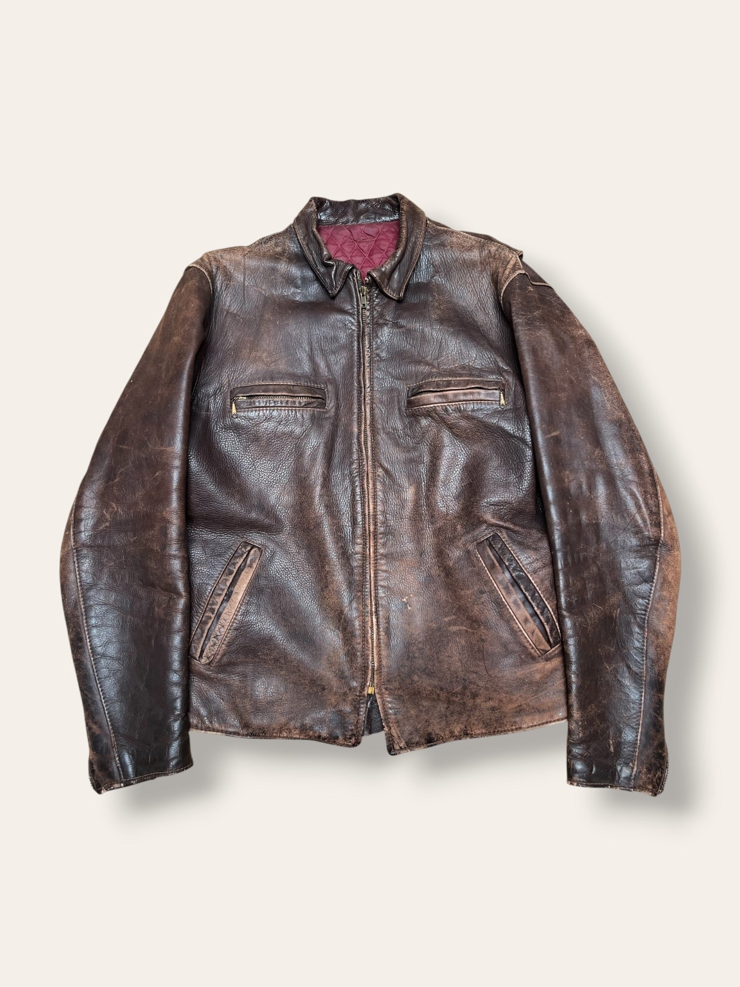 Vintage 1960s Brown Café Racer Motorcycle Leather Jacket