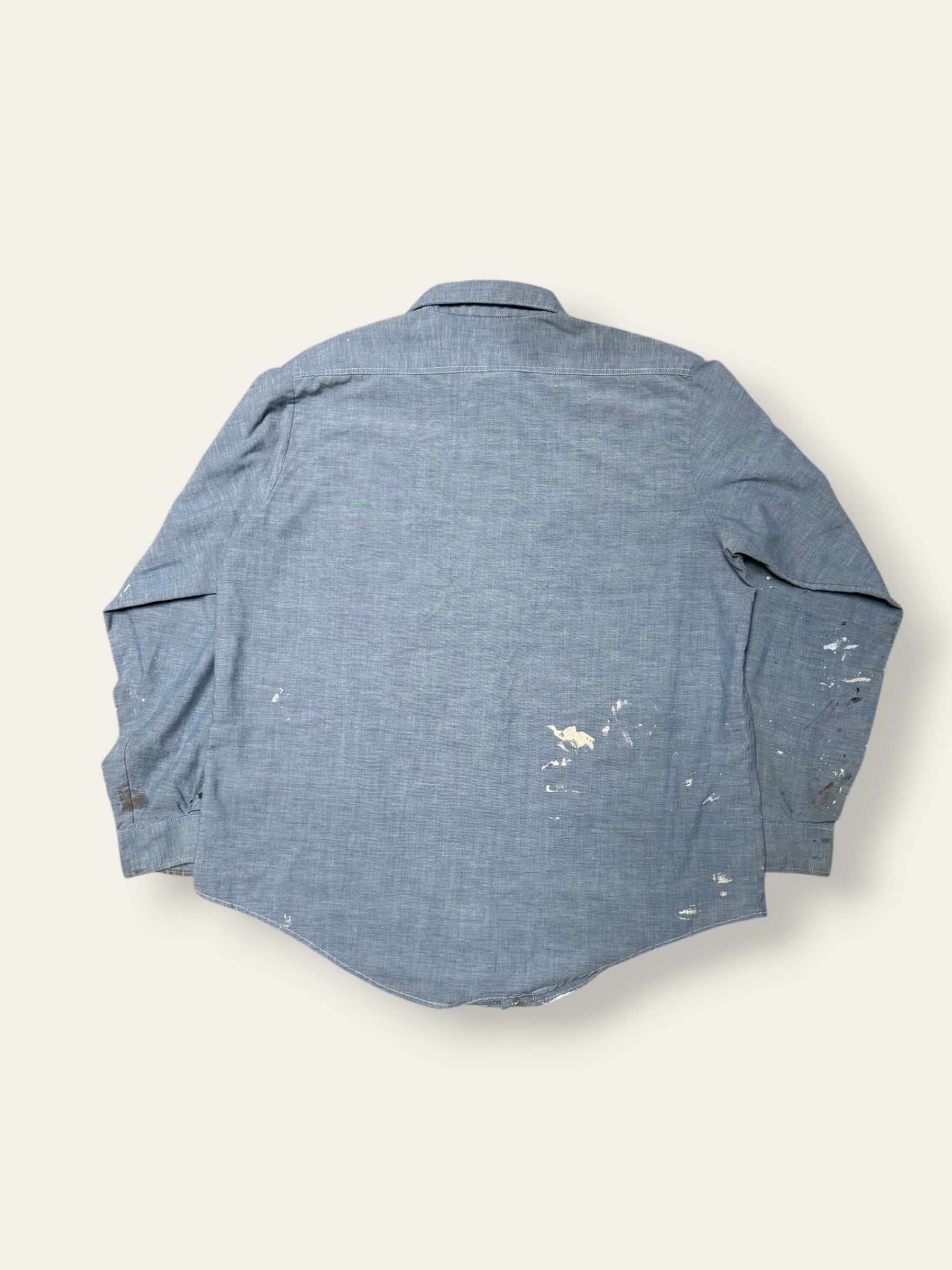 Vintage 1960’s Vintage Chambray Painter Work Shirt | Sears Perma-Prest | Paint Splatter Shirt | Distressed Workwear