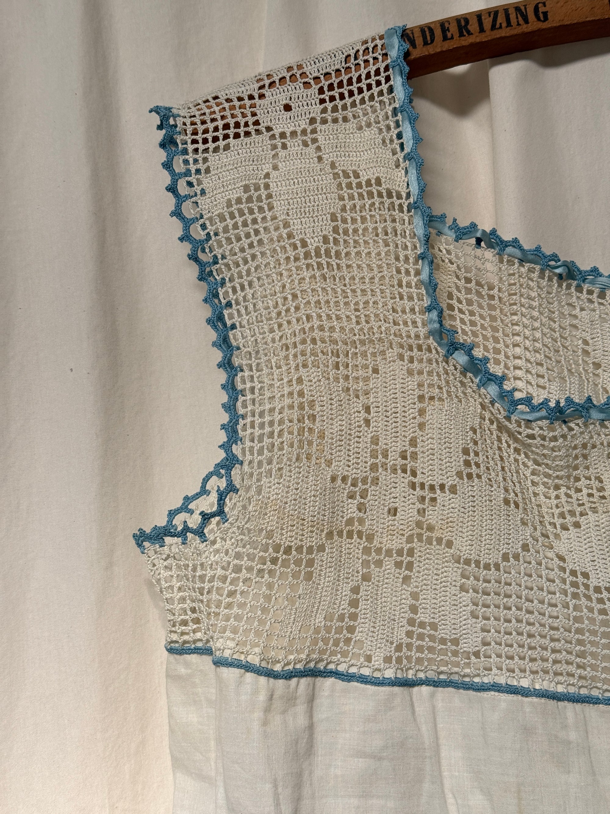 Vintage Edwardian Crochet Lace Blouse | White Cotton Ruffle Top with Blue Ribbon | Antique Romantic Cottagecore Boho