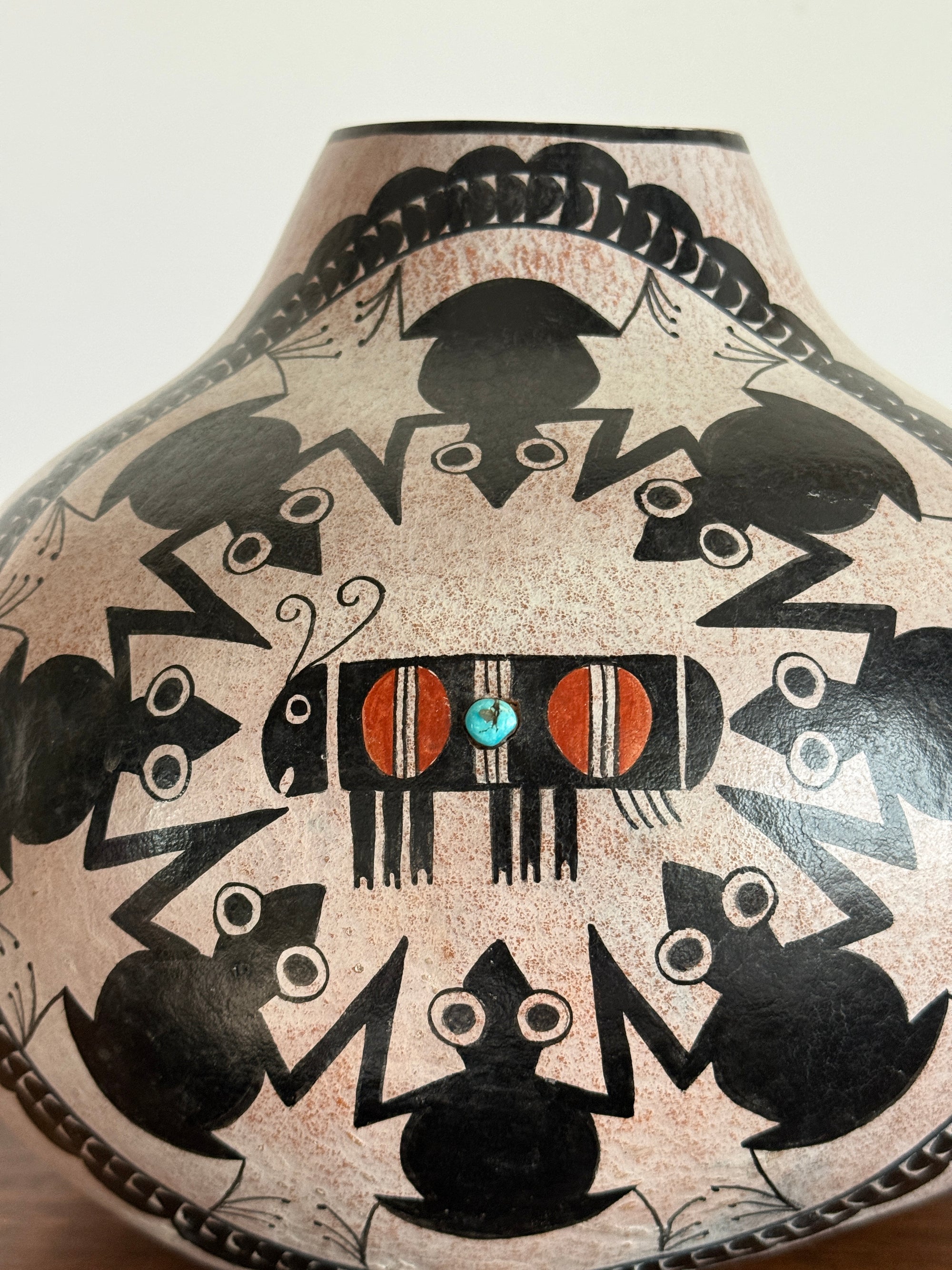 Vintage Robert Rivera Large Painted Gourd Vase | Mimbres Design Turquoise Inlay Hand Painted Bowl