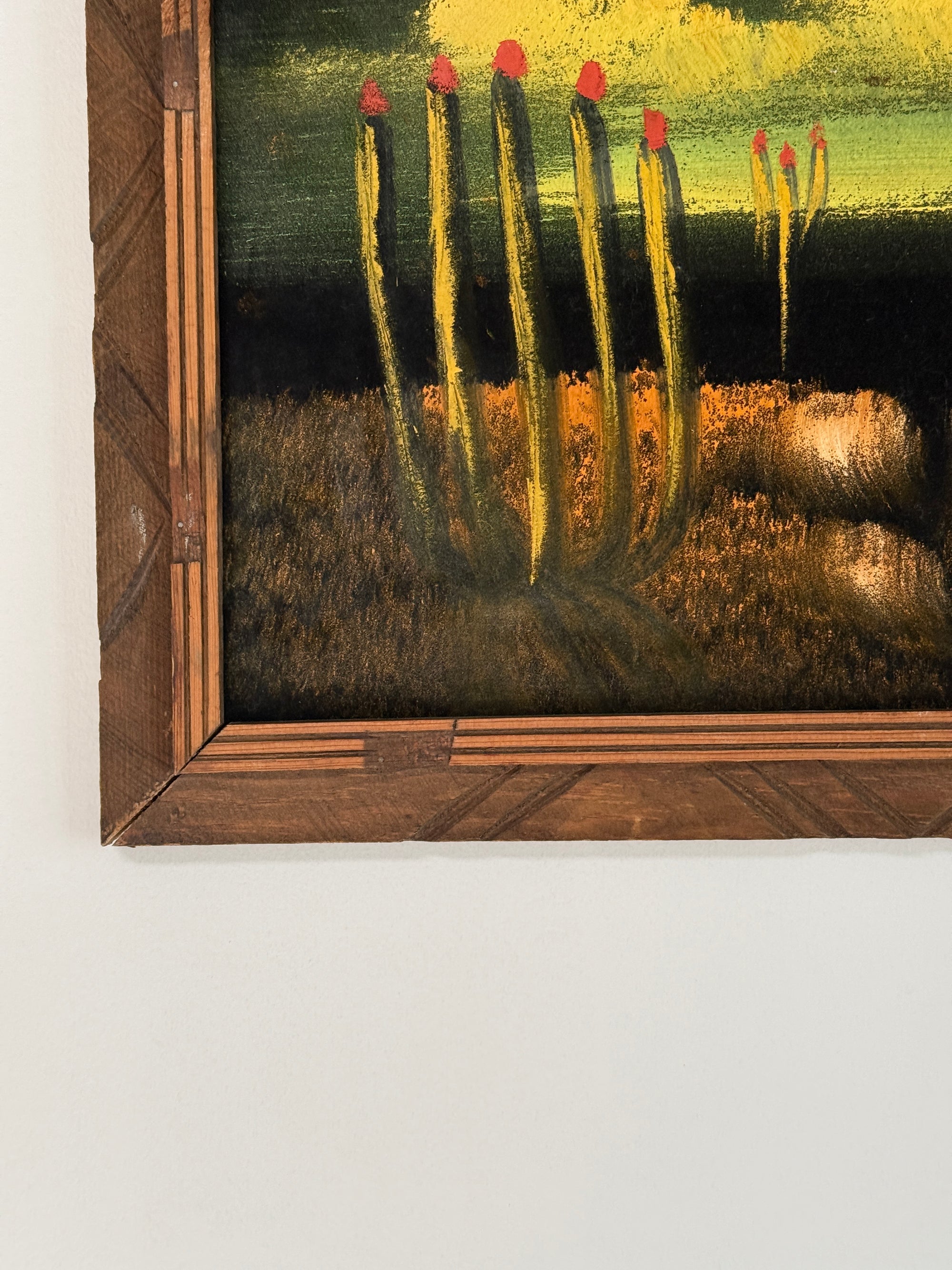 Vintage Mid Century Modern Desert Landscape Black Velvet Painting | MCM Cactus &amp; Yucca Wall Art | Southwestern Framed Original Artwork