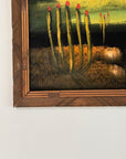 Vintage Mid Century Modern Desert Landscape Black Velvet Painting | MCM Cactus & Yucca Wall Art | Southwestern Framed Original Artwork